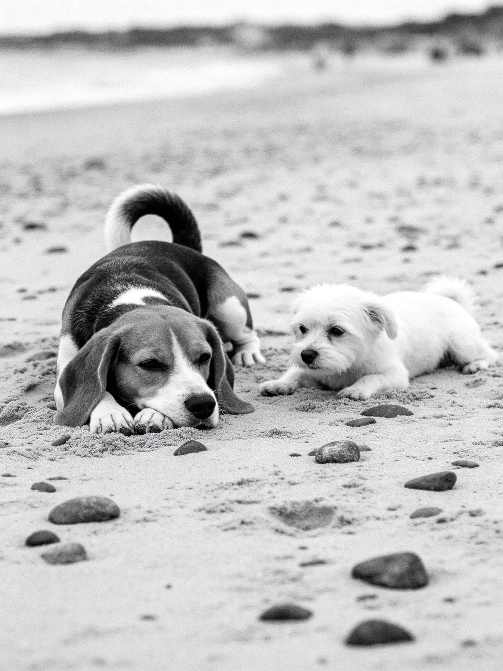 Two puppies rest on a rocky sandy beach with scattered stones.