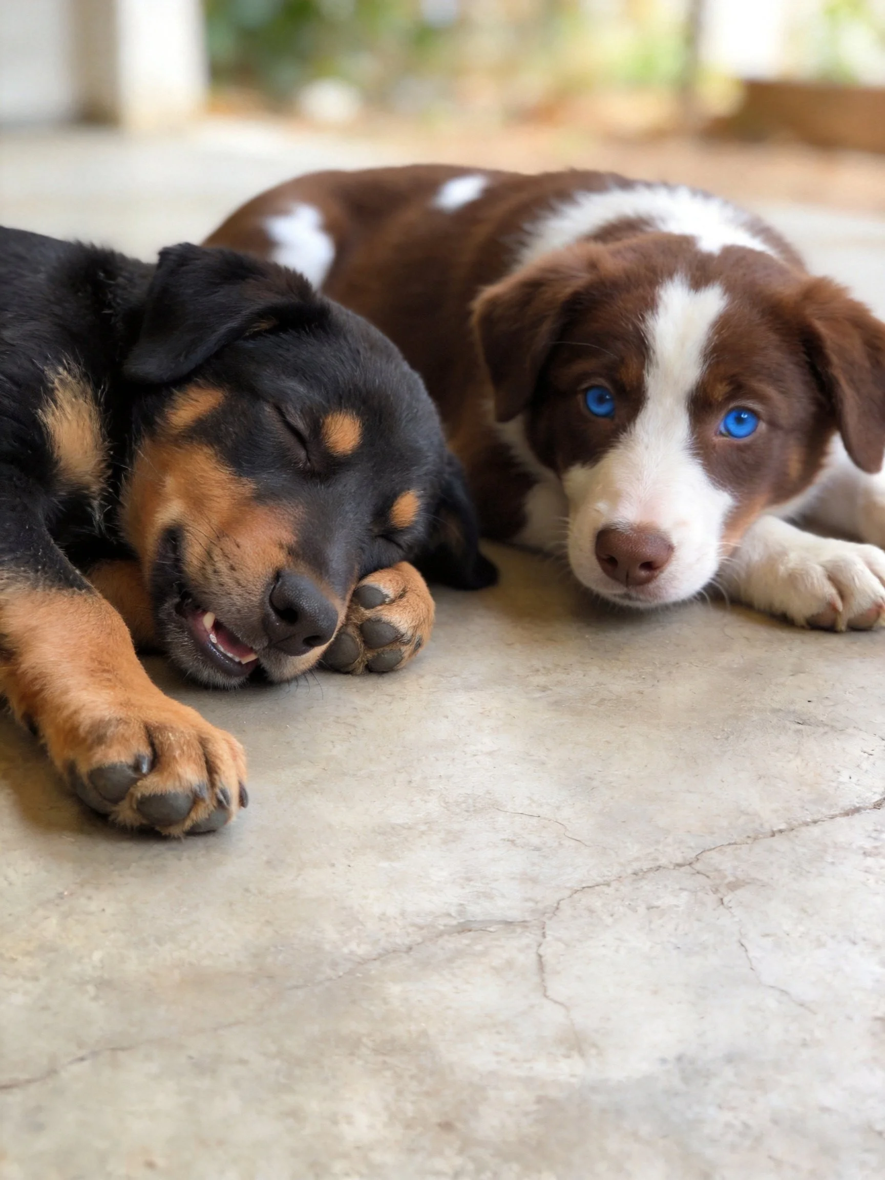 Two puppies rest, one black-tan, one brown-white