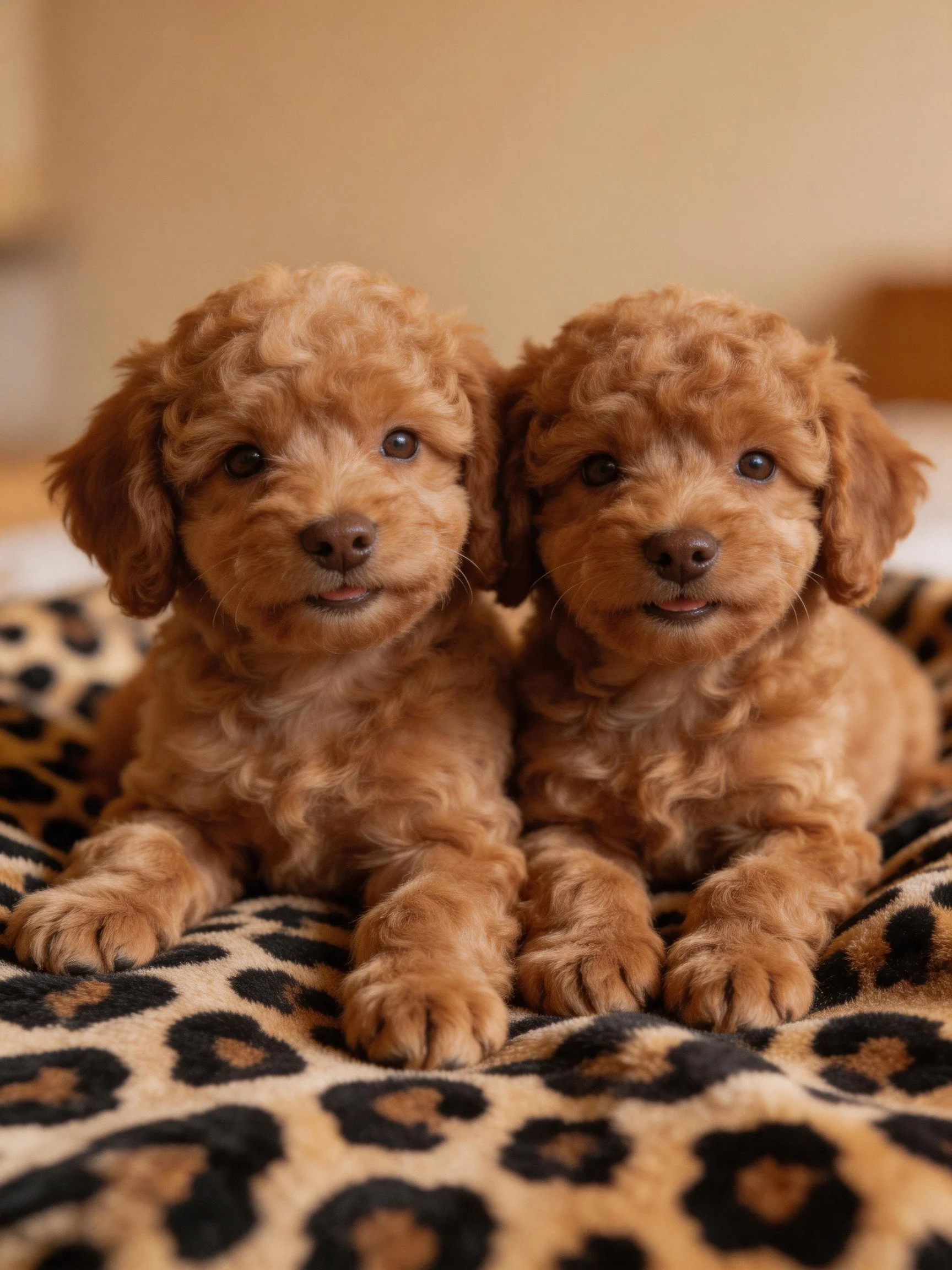 Two reddish-brown puppies sit closely on a leopard-patterned blanket