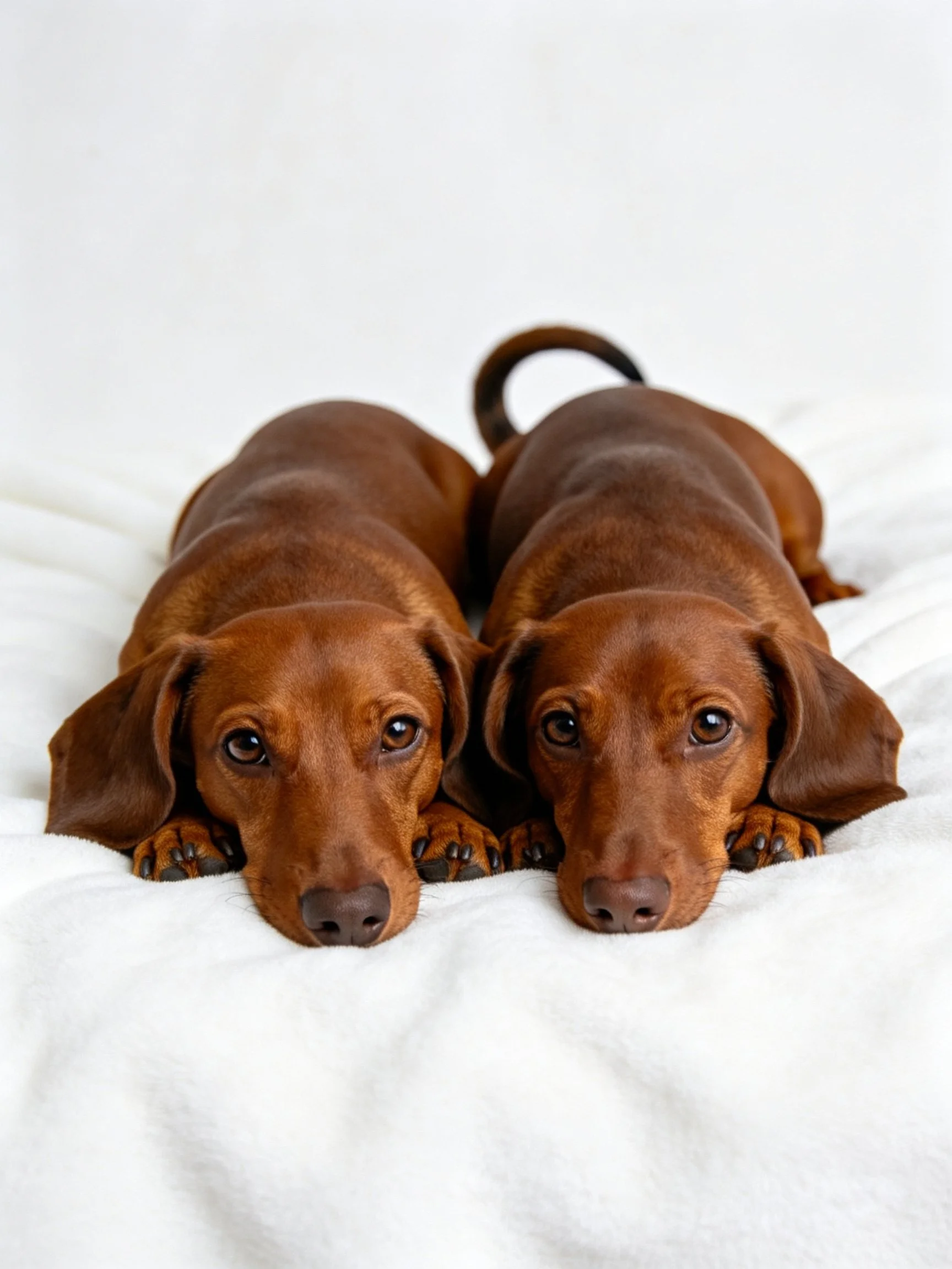 Two reddish-brown dachshund puppies lying close together on white bedding
