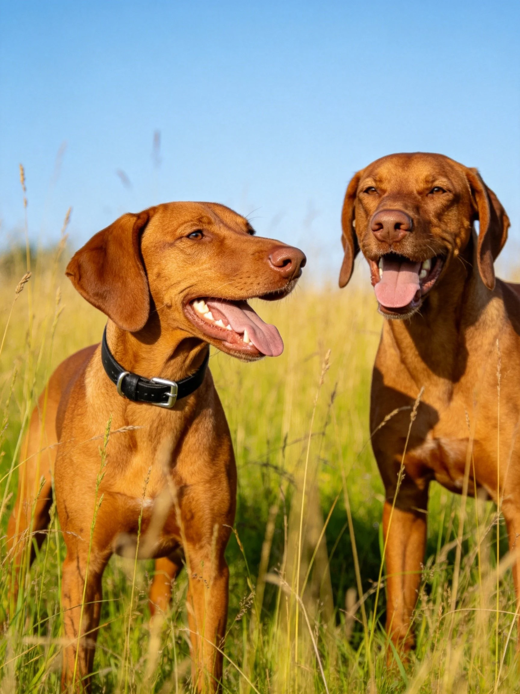 Two reddish-brown dogs stand together in a sunny meadow.