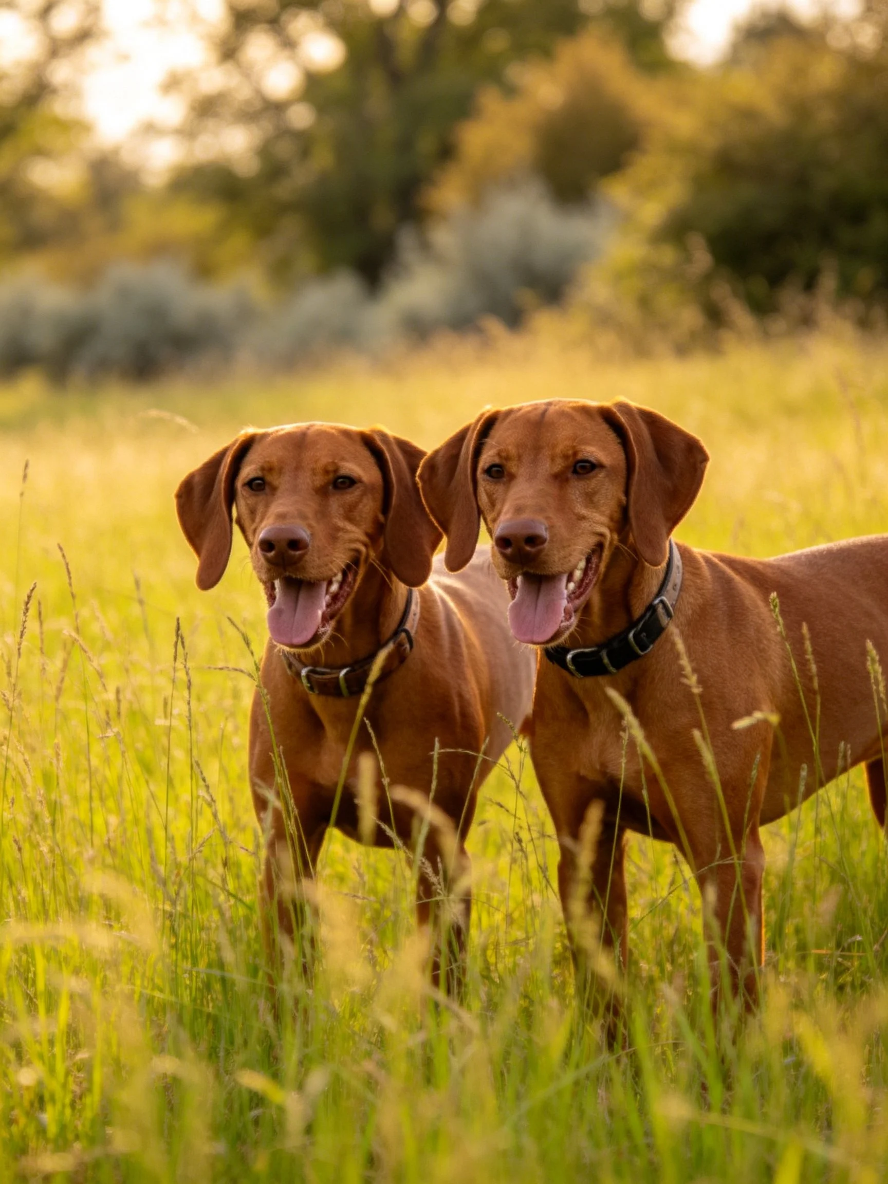 Two reddish-brown dogs stand together in a sunlit grassy field