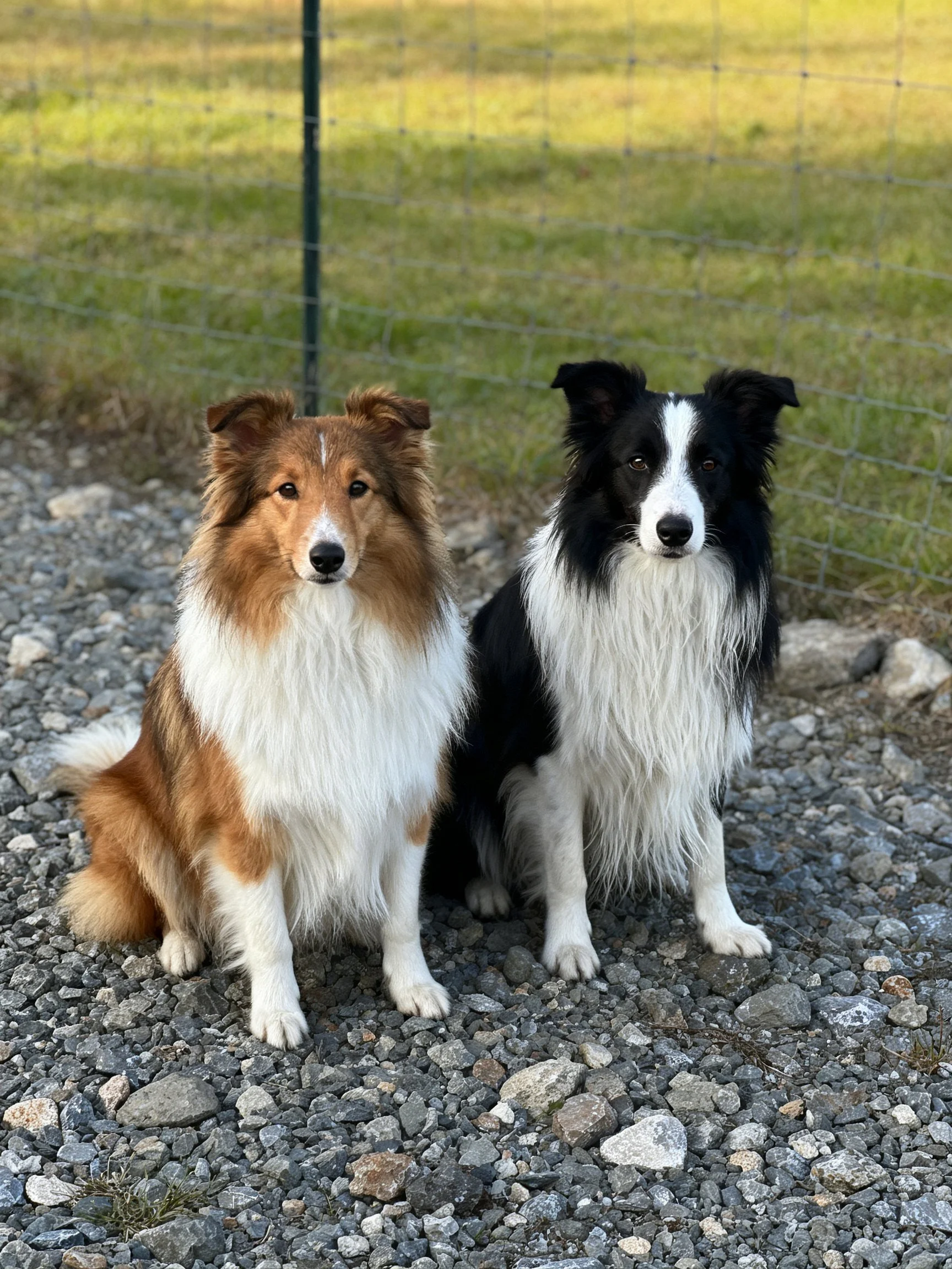 Two shaggy-coated dogs sit calmly on gravel next to a wire fence.