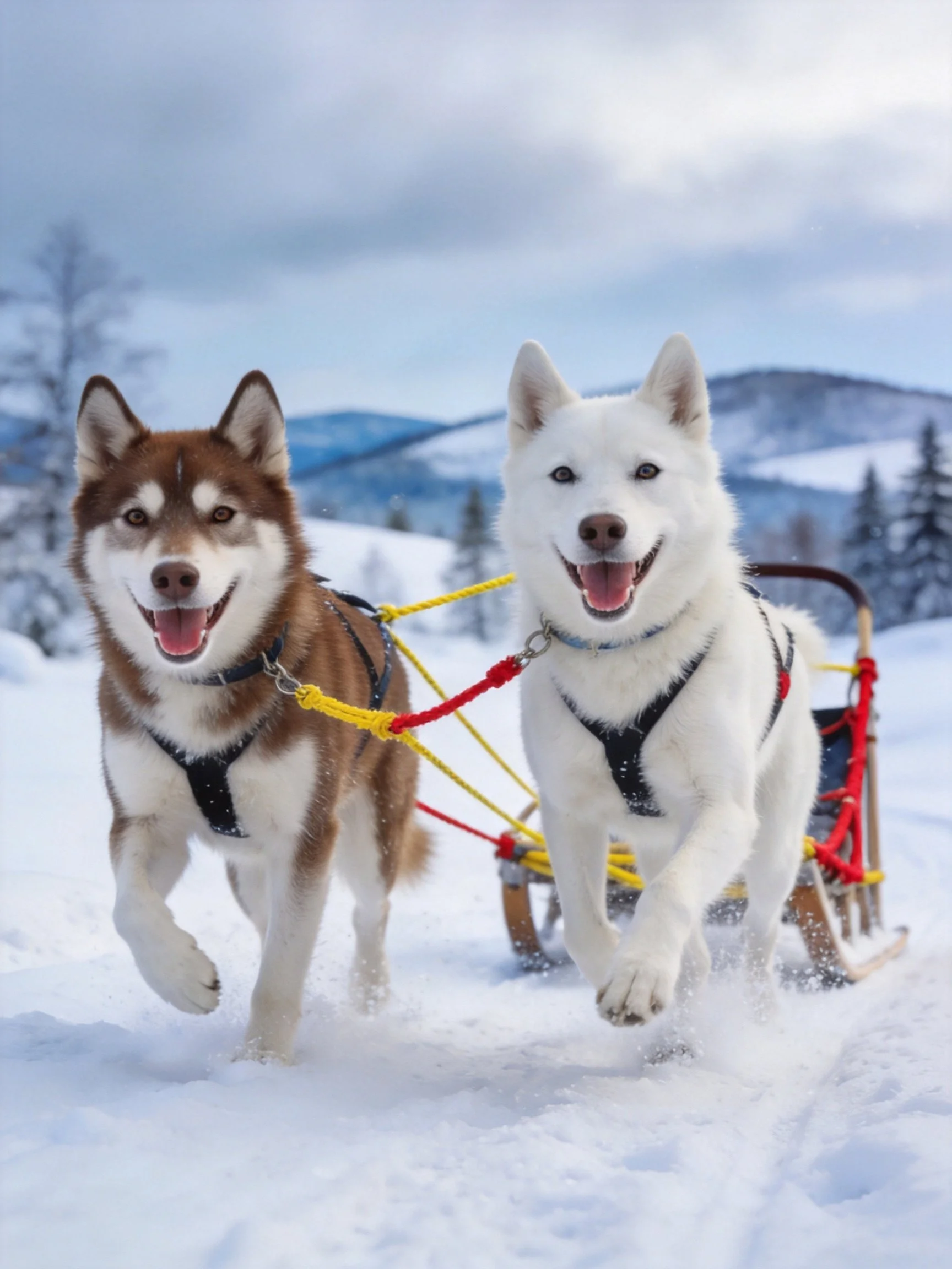 Two sled dogs pull a sled across a snowy landscape.