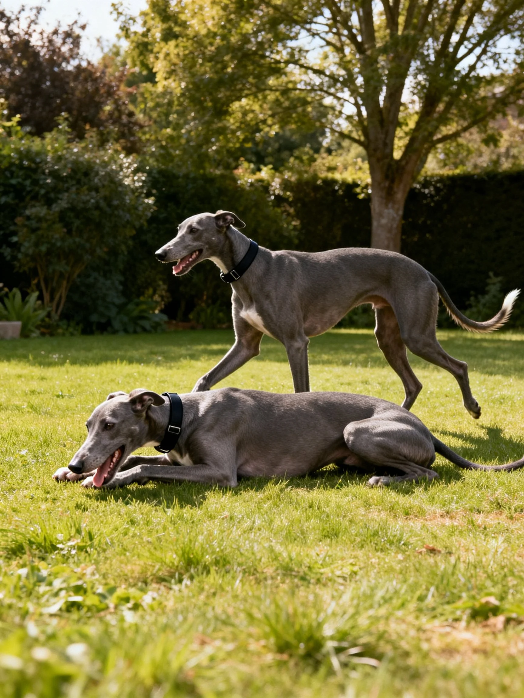 Two greyhounds relax, one standing and one lying, in a sunlit garden.