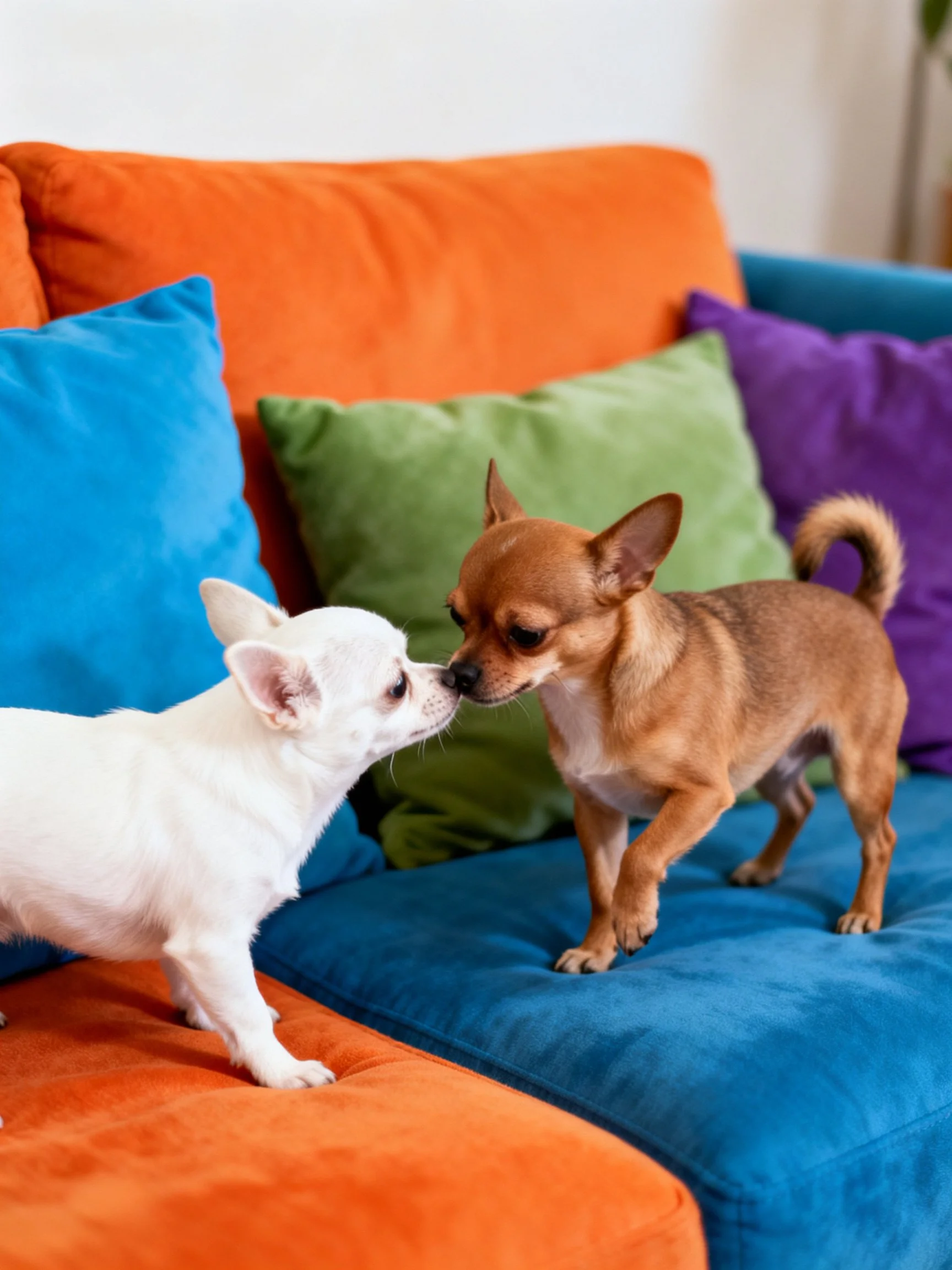 Two small Chihuahuas nuzzle on a brightly colored couch