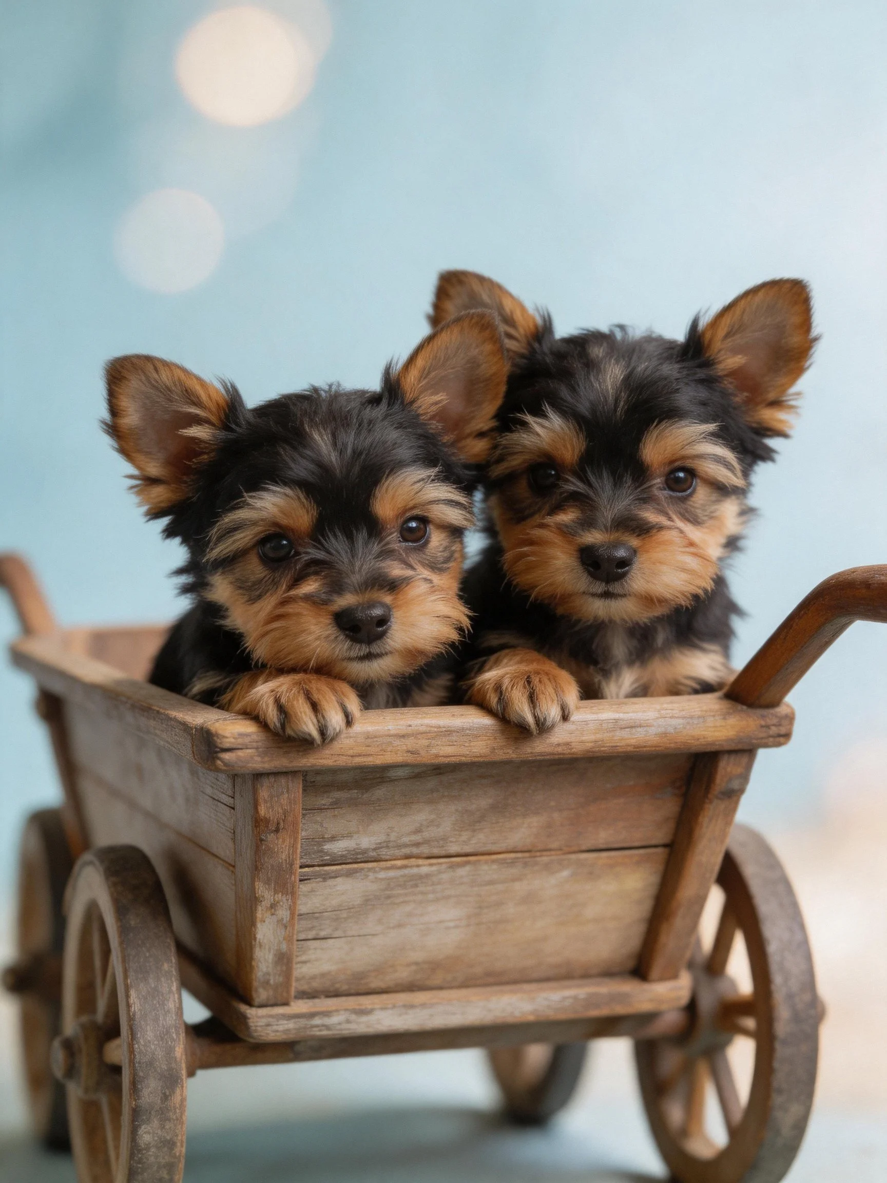 Two small black and tan puppies in a rustic wooden cart