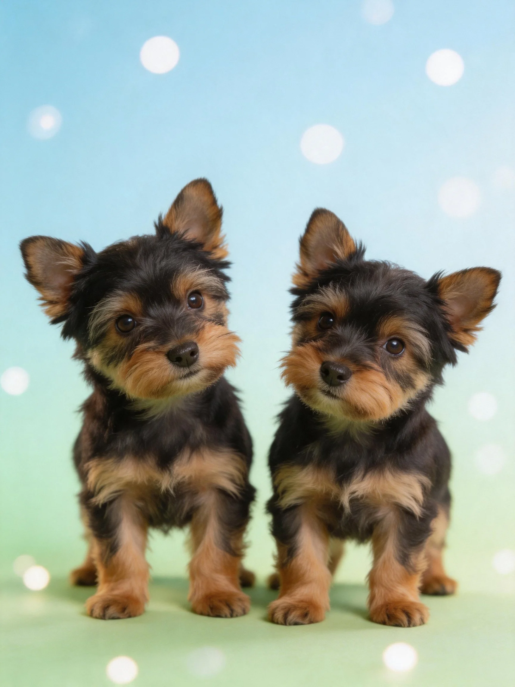 Two small black and tan puppies stand close together on a dotted pastel background.