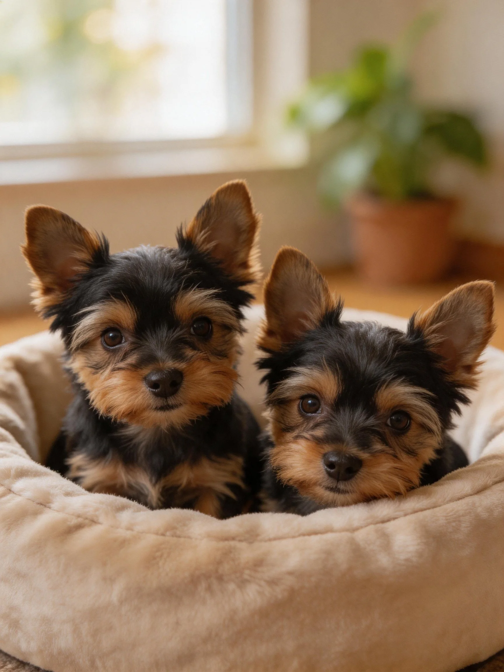 Two small black and tan puppies rest in a plush bed near a sunlit window
