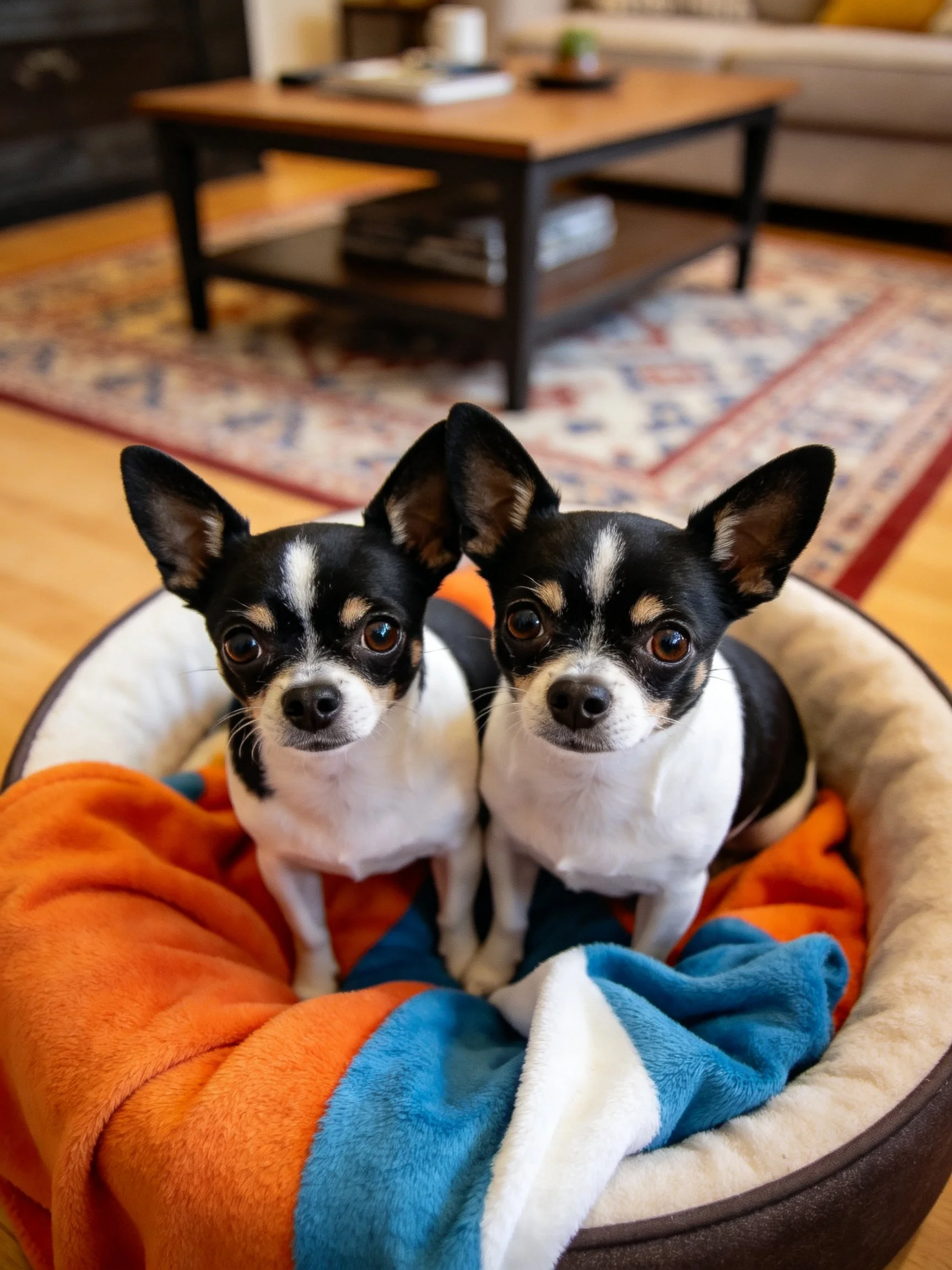 Two small black - and - white dogs sit together in a cozy pet bed