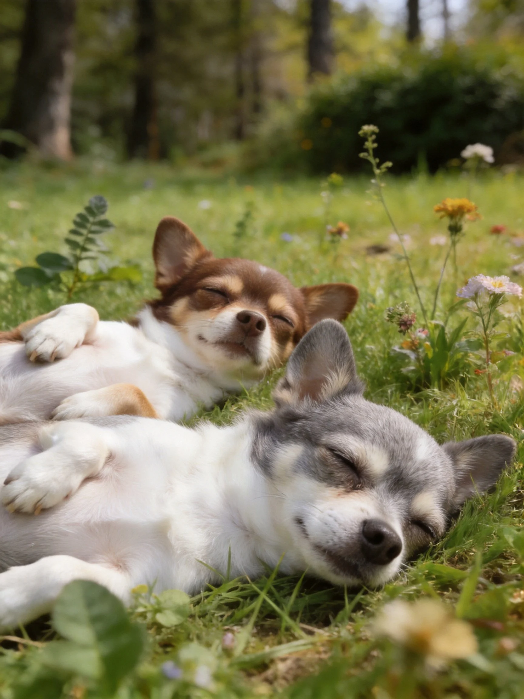 Two small dogs sleep peacefully on a grassy field with flowers
