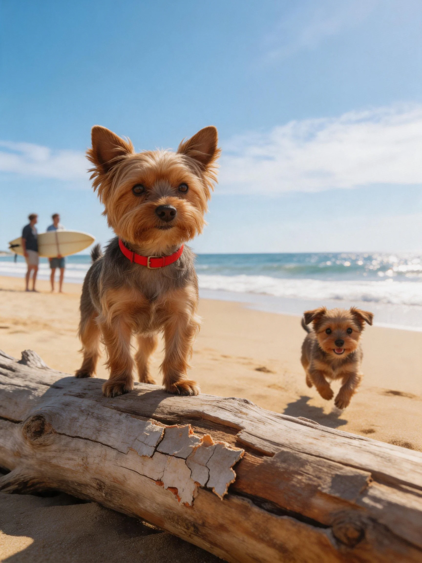 Two small dogs interact near a log on a sunny beach with ocean and people in the distance.