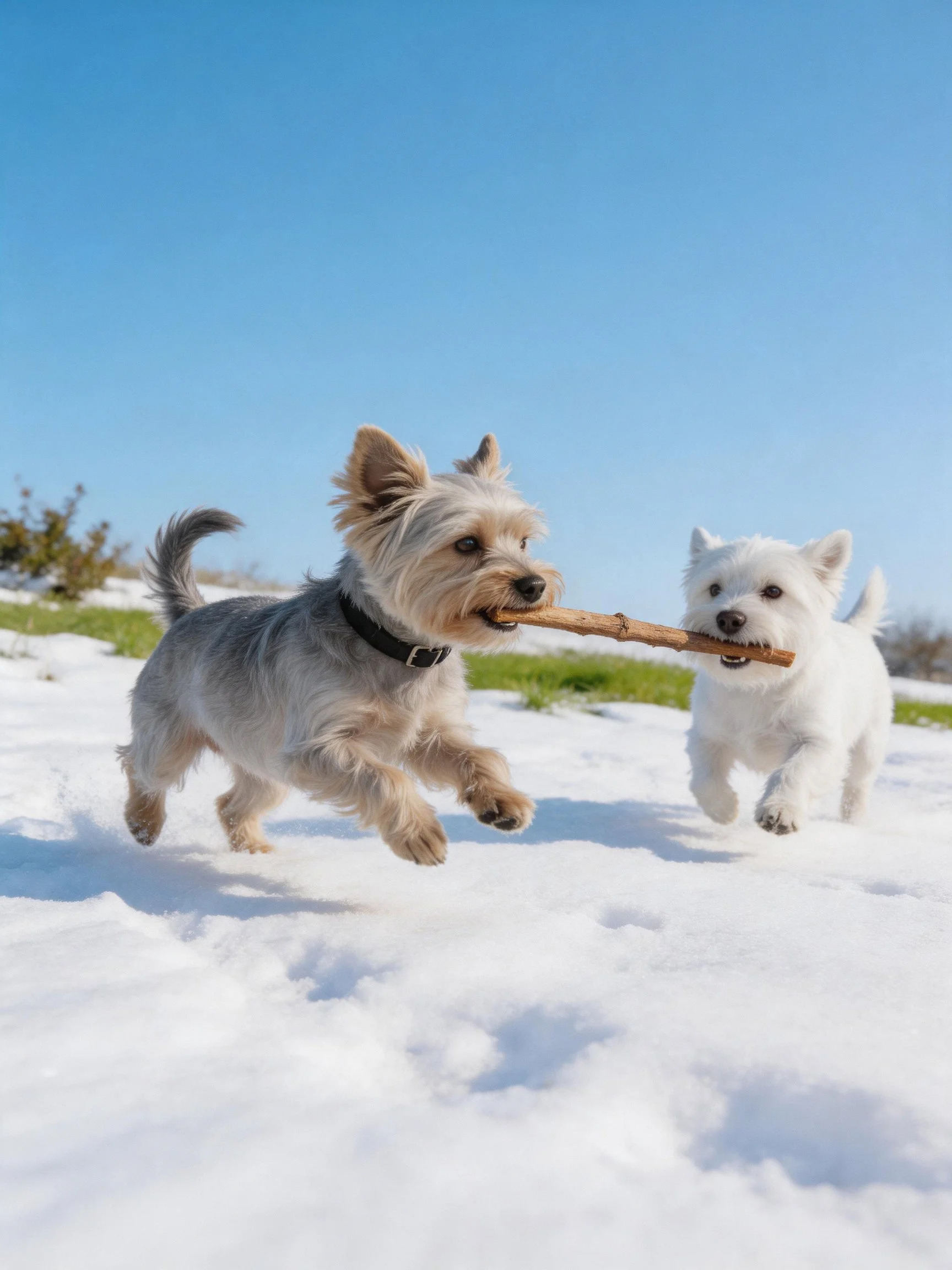 Two small dogs run together holding a wooden stick in snow.
