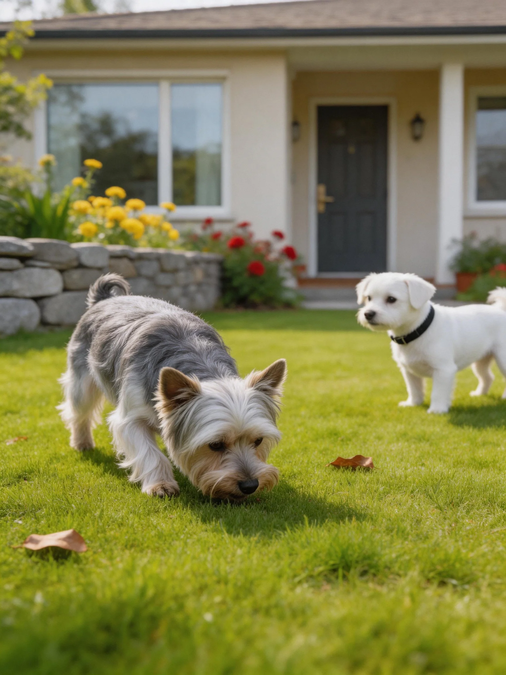 Two small dogs interact on a green lawn outside a house with flower beds.