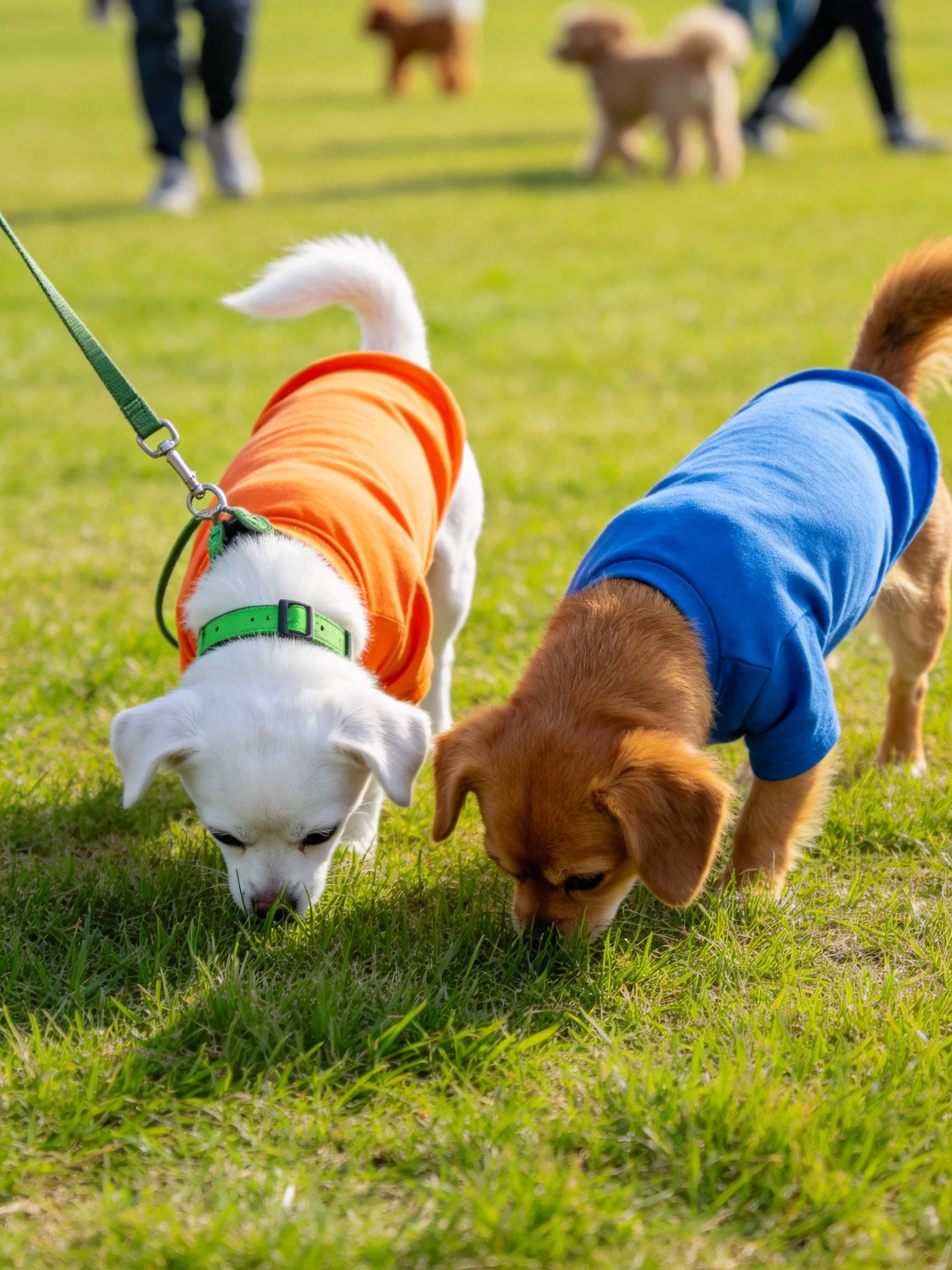 Two small dogs in colorful sweaters explore a grassy field