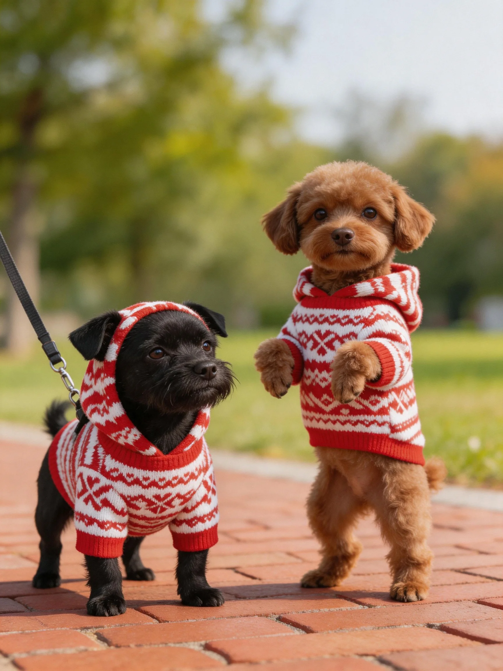 Two small dogs in red and white hooded sweaters stand outdoors.
