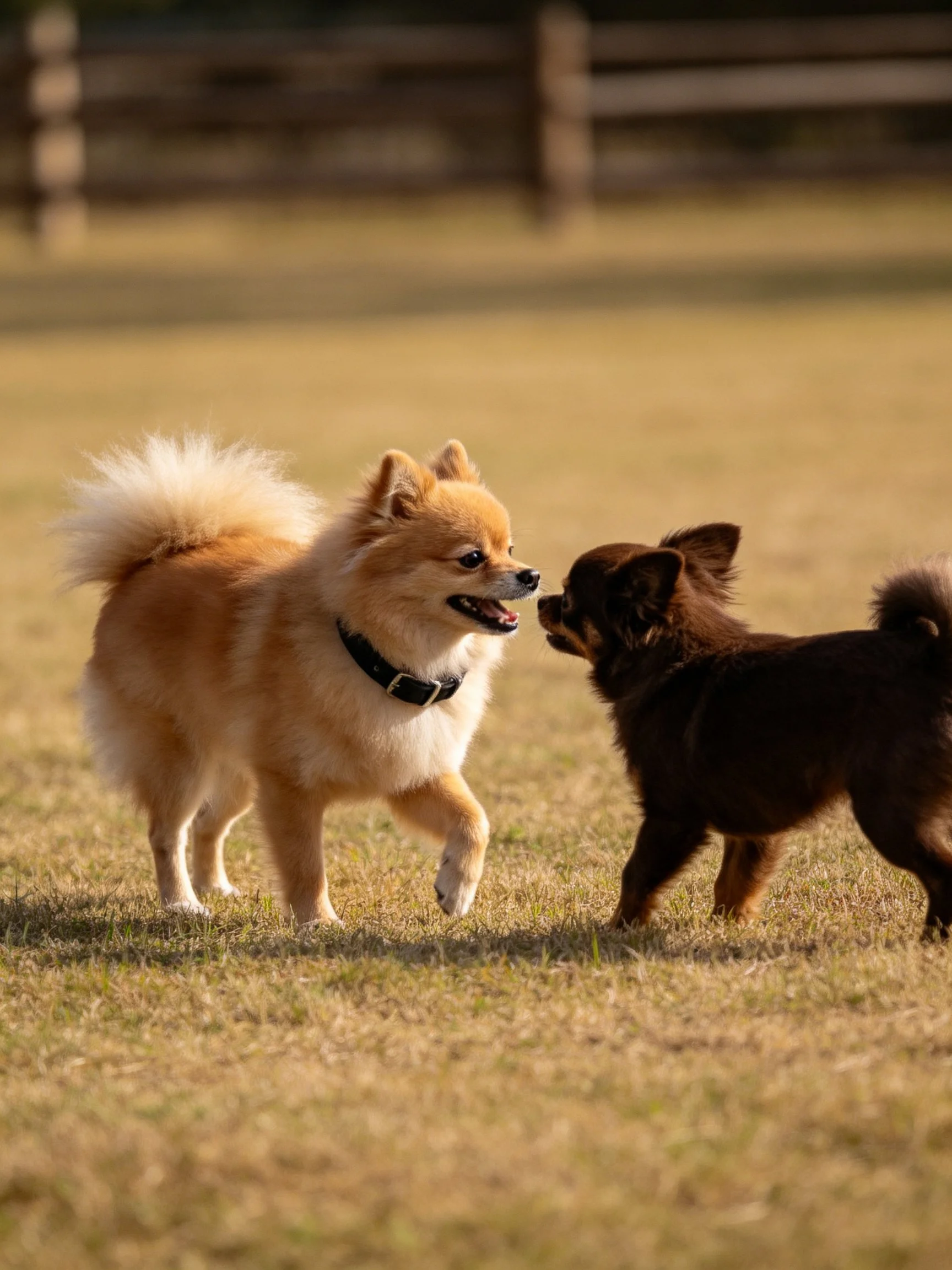 Two small dogs engage closely on a sunlit grassy area.