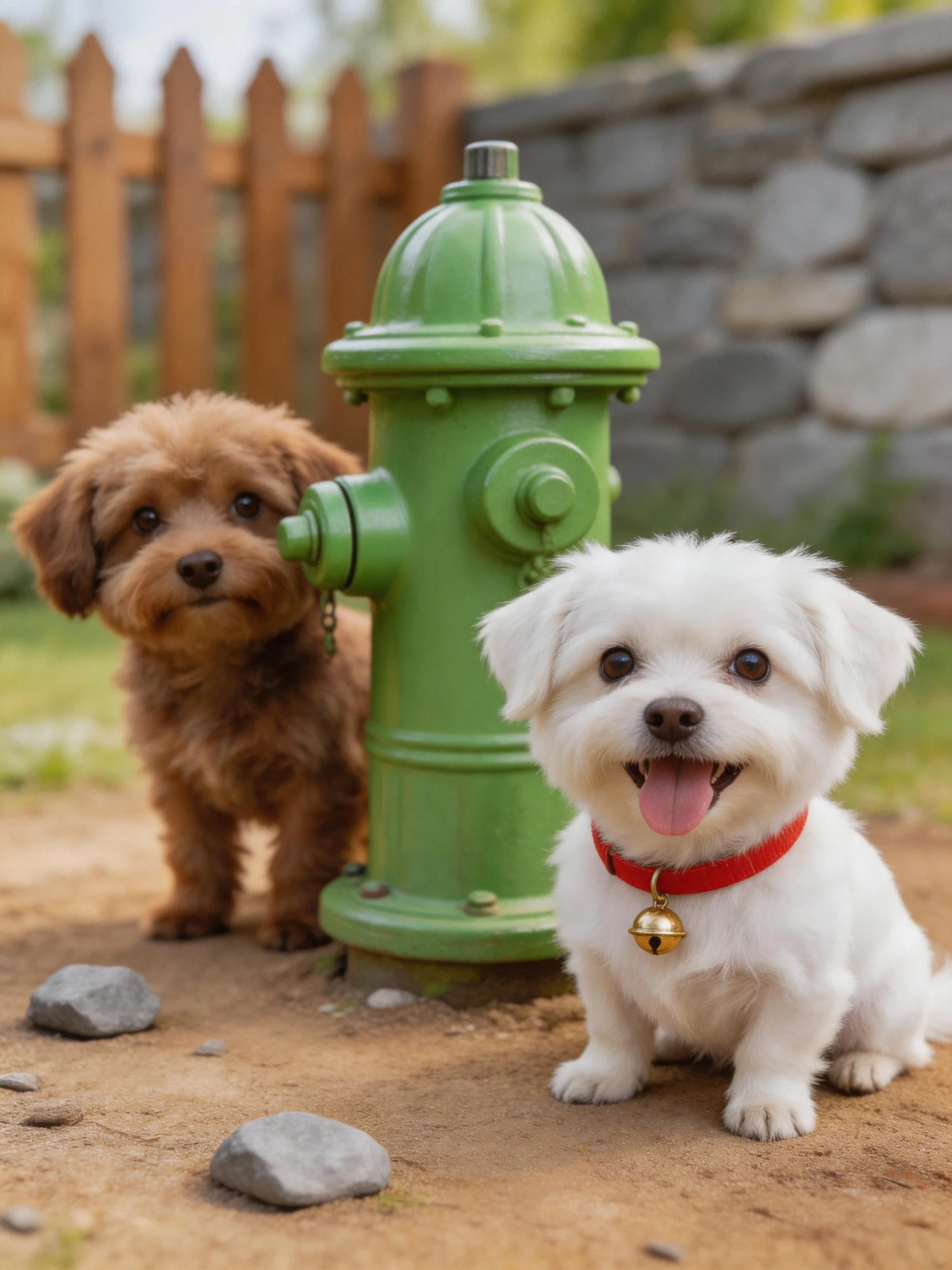 Two small dogs are positioned near a bright green fire hydrant in an outdoor area.
