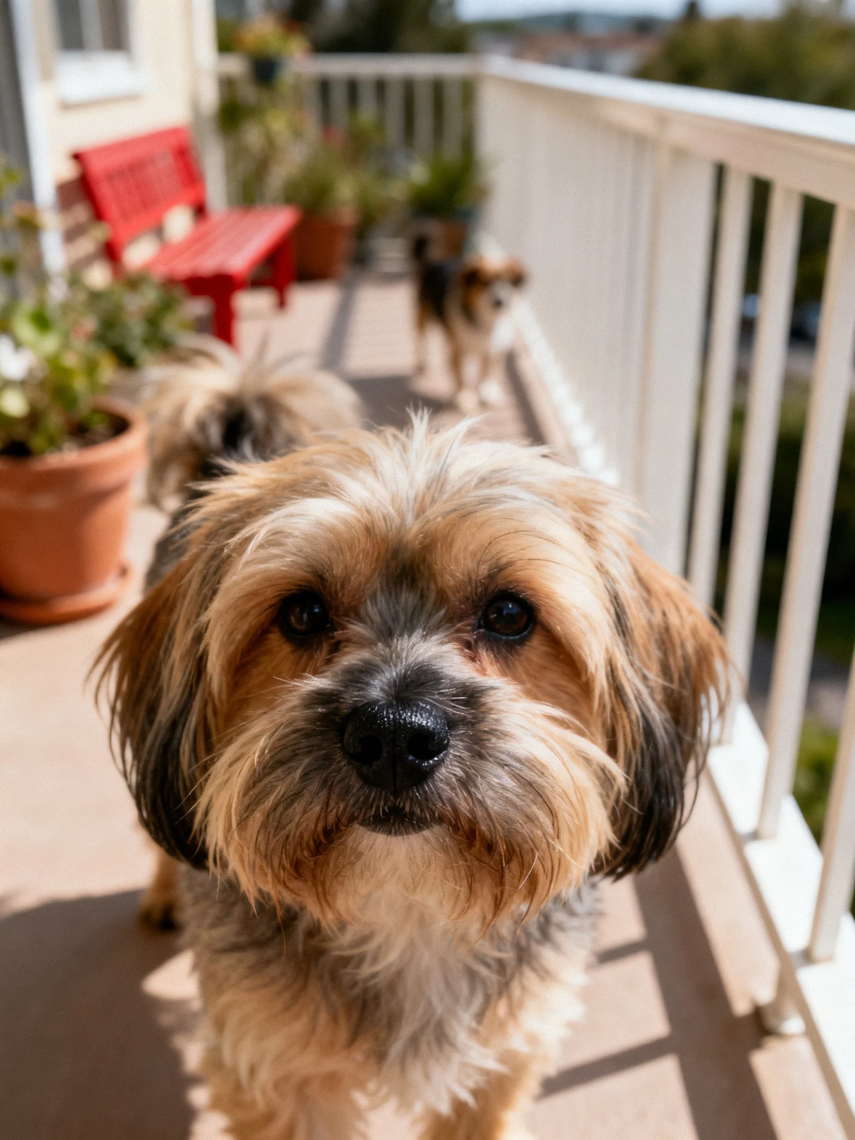Two small dogs are on a sunlit balcony surrounded by potted plants and furniture.