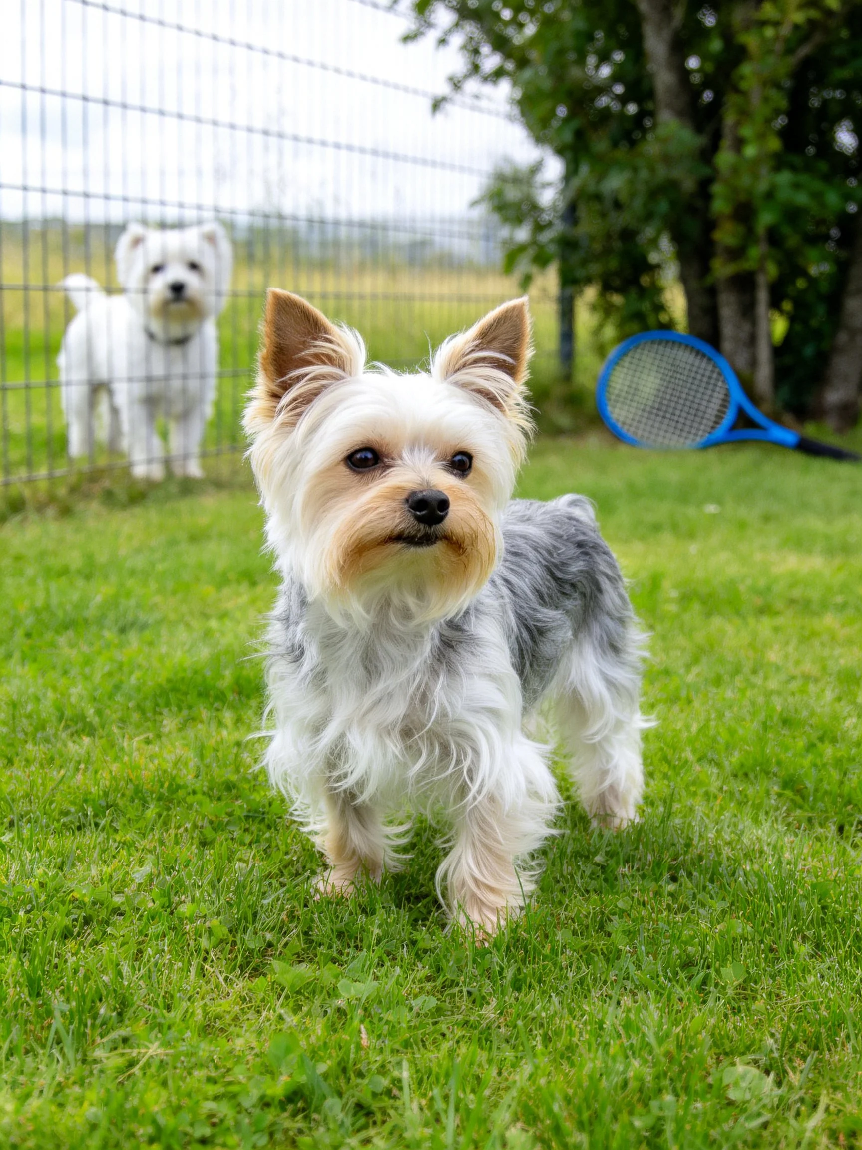 Two small dogs are on a grassy area near a wire fence.