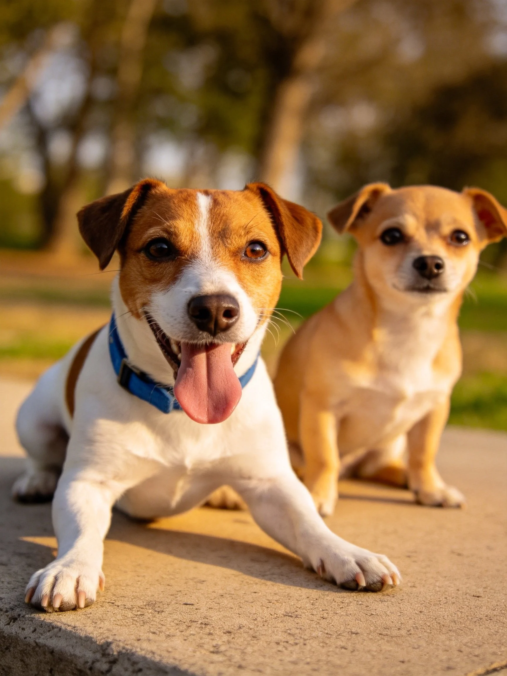 Two small dogs relax together on an outdoor concrete ledge in natural light.