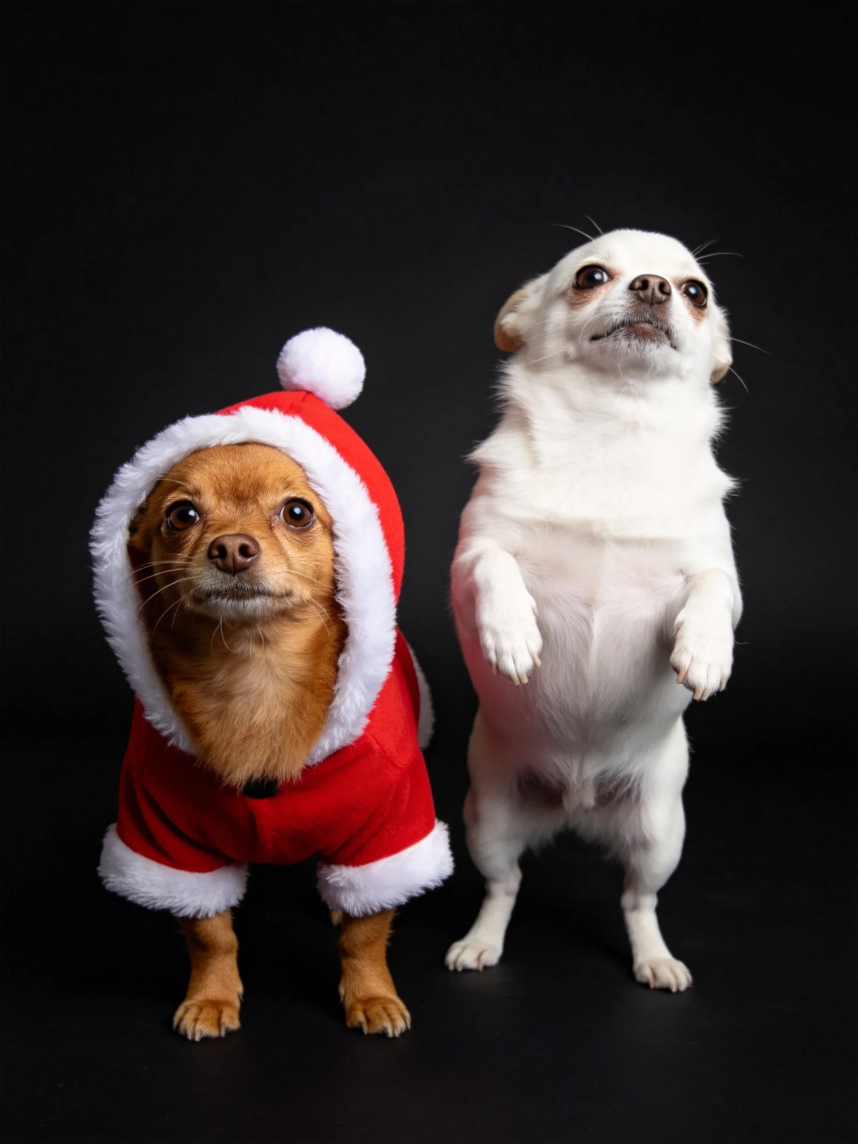 Two small dogs pose together, one dressed as Santa