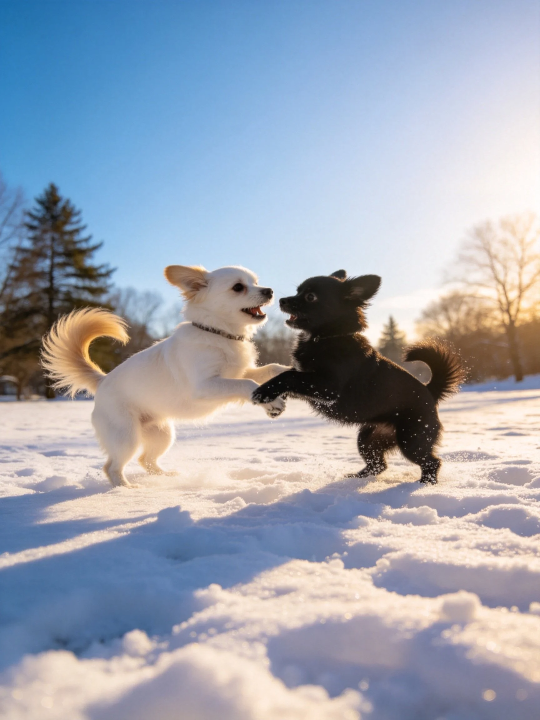 Two small dogs interact playfully in a bright snowy outdoor setting