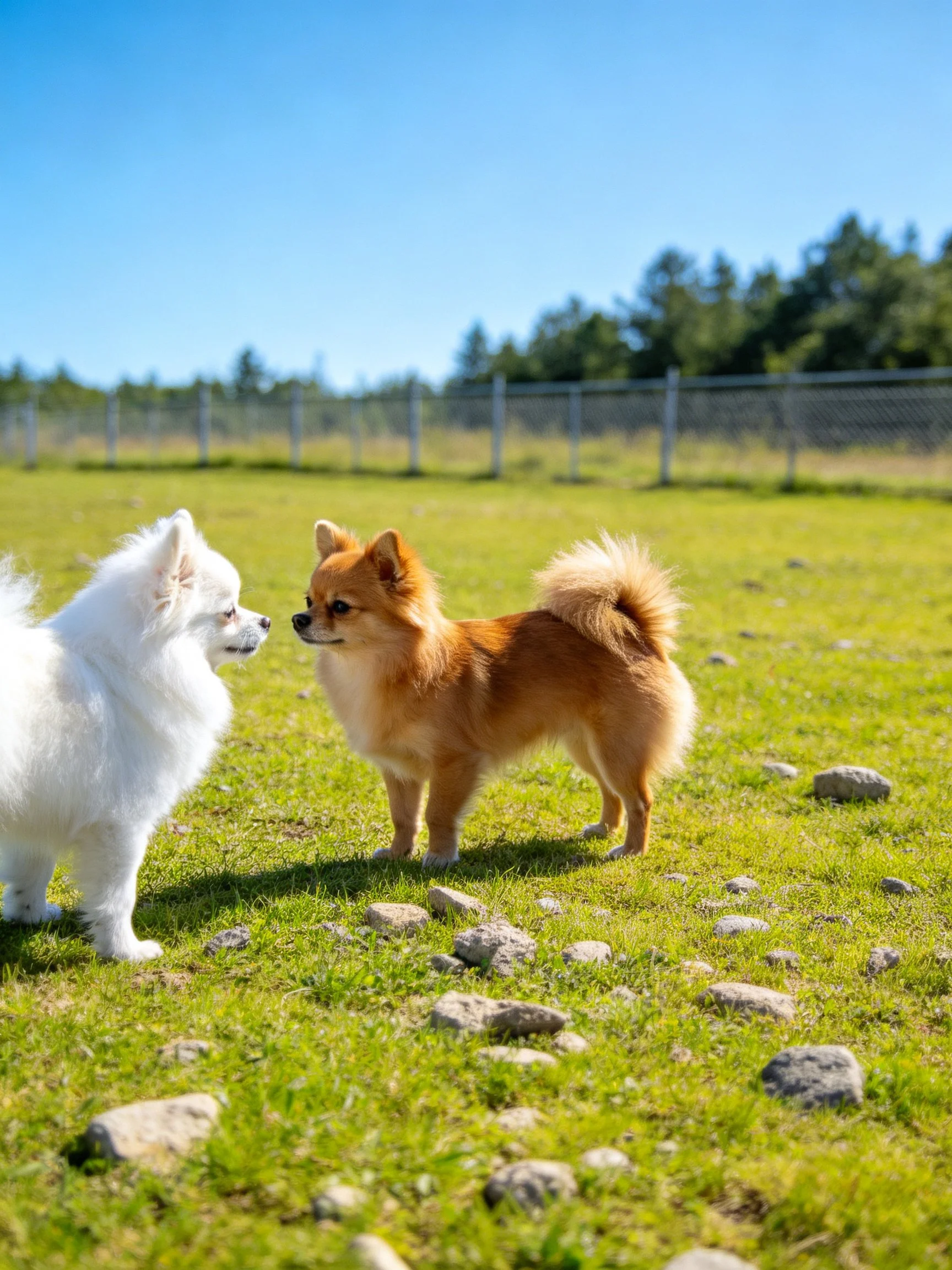 Two small dogs face each other on a grassy area with scattered stones