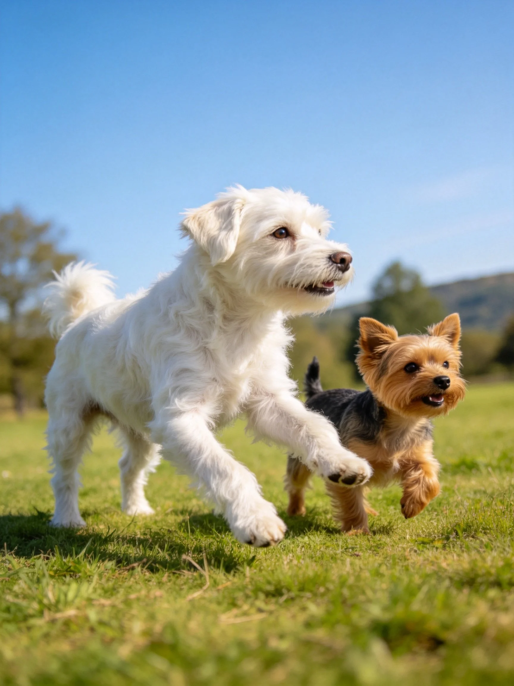 Two small dogs of different breeds run joyfully on a grassy field.