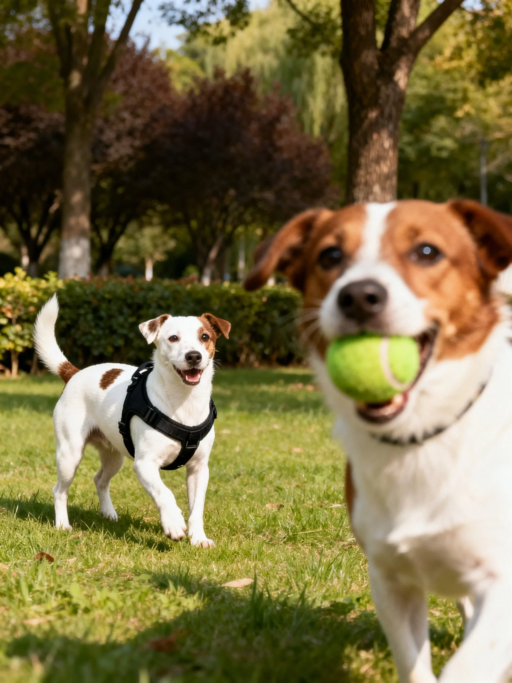 Two small dogs interact with a tennis ball in a sunlit park.