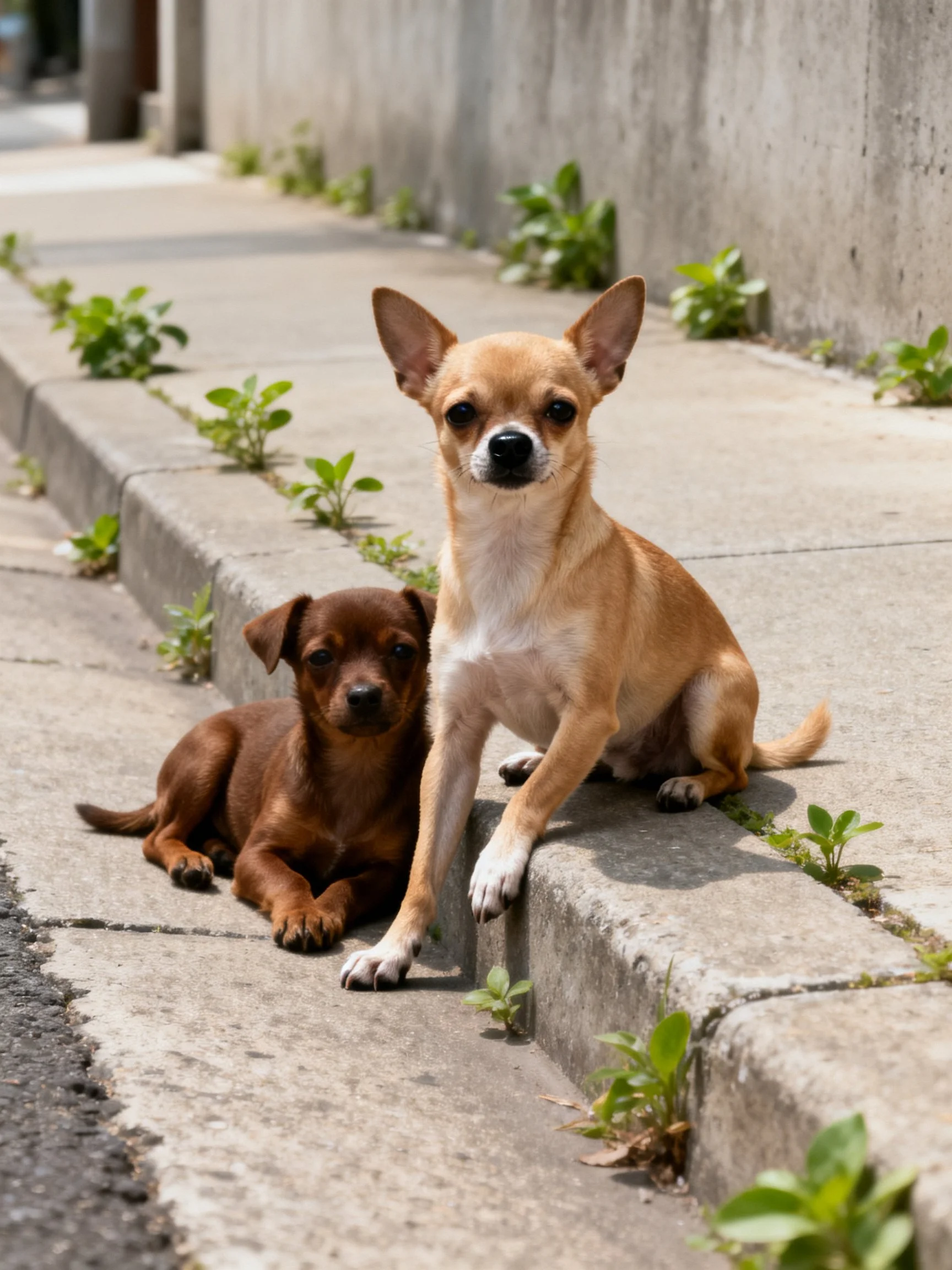 Two small dogs sit on a concrete sidewalk with nearby greenery.