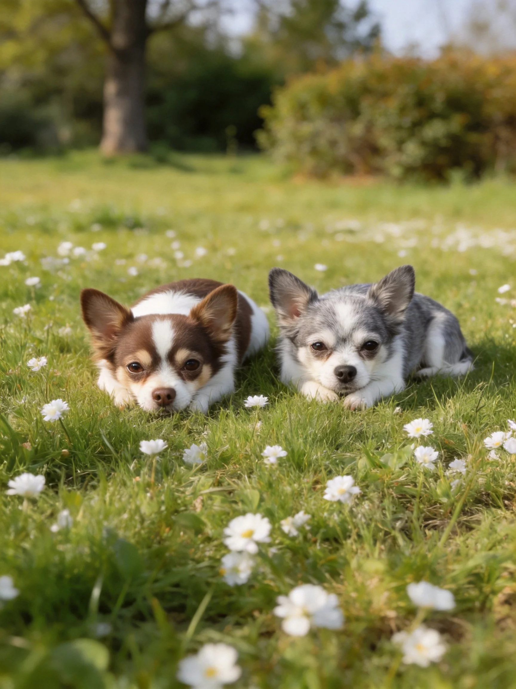 Two small dogs rest on a flower-speckled green lawn