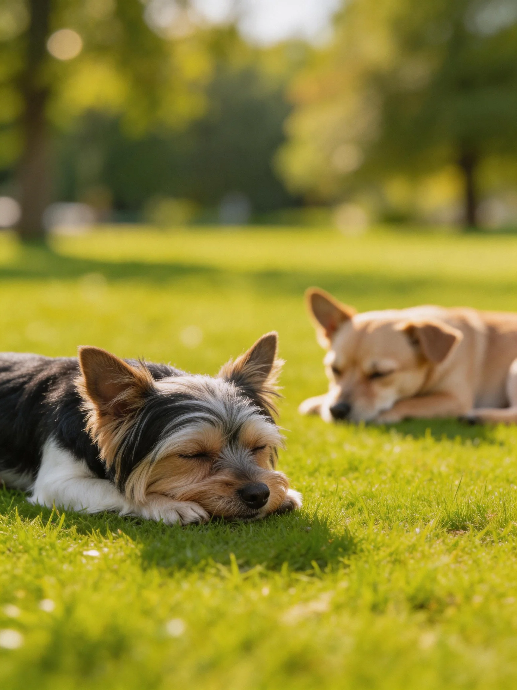 Two small dogs sleep on grass in a sunlit park.