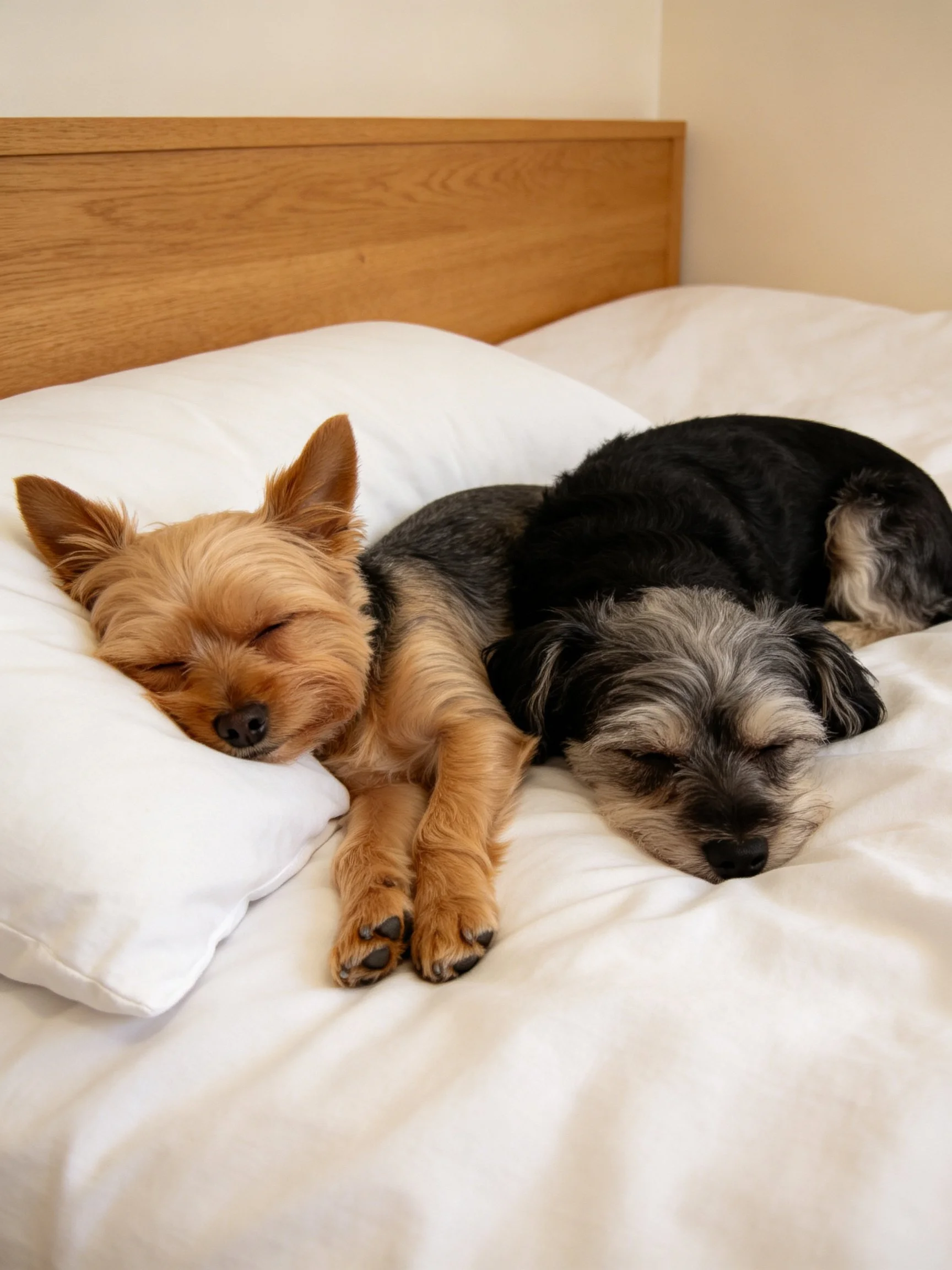 Two small dogs sleep together on white bedding in a cozy bedroom.