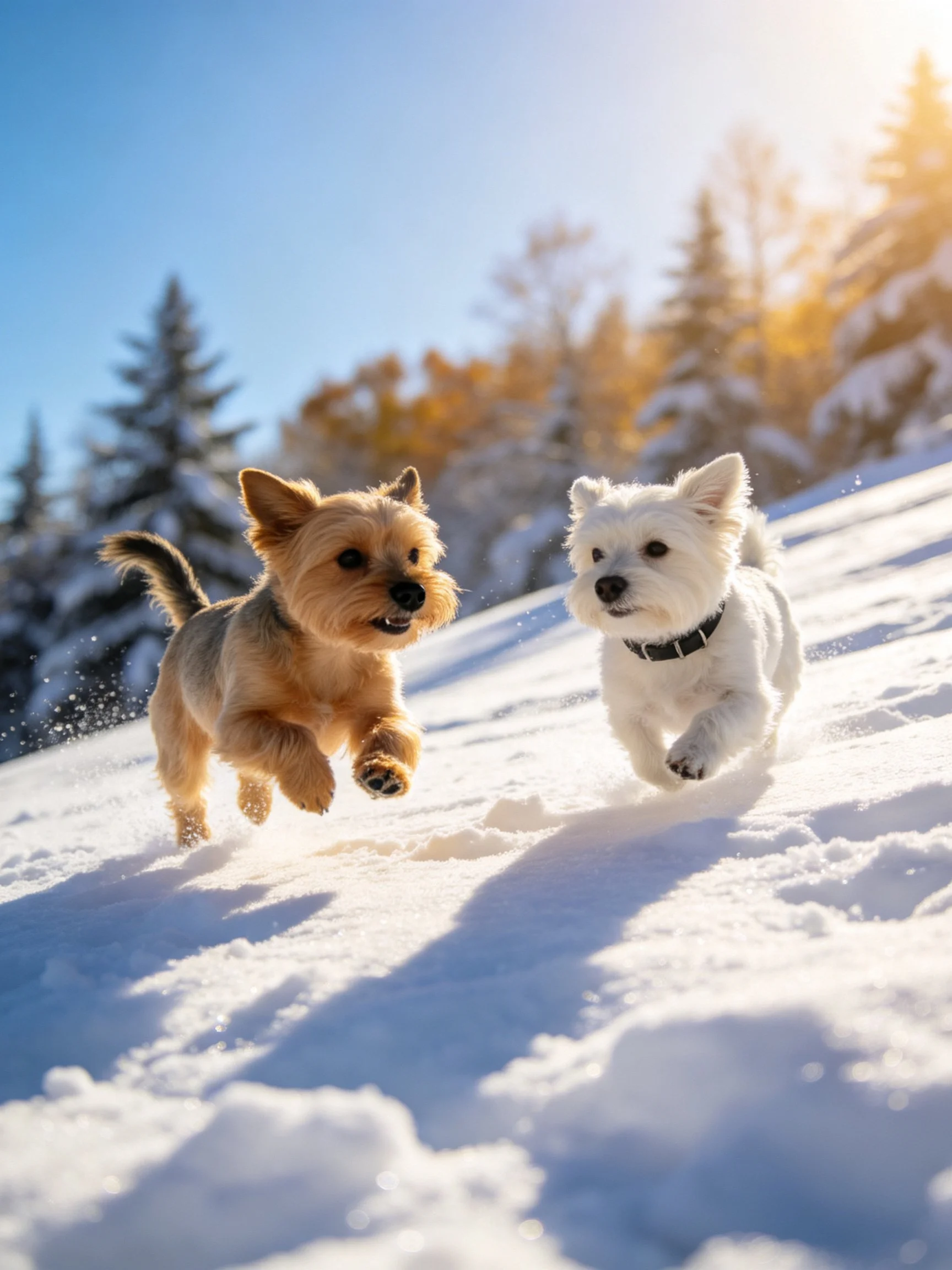 Two small dogs run joyfully on a bright snowy hillside.