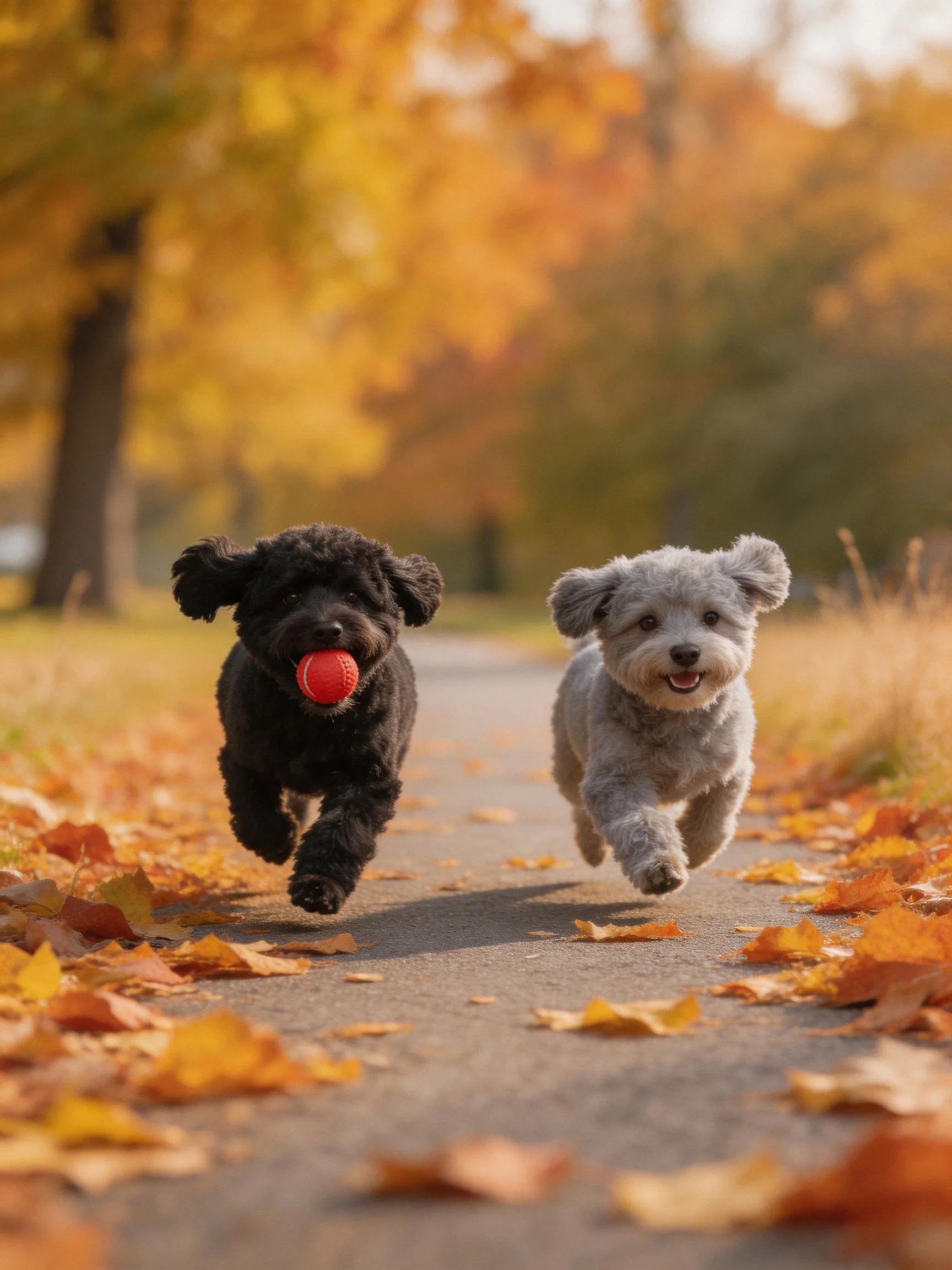 Two small dogs run with toys on a leaf-strewn autumn path