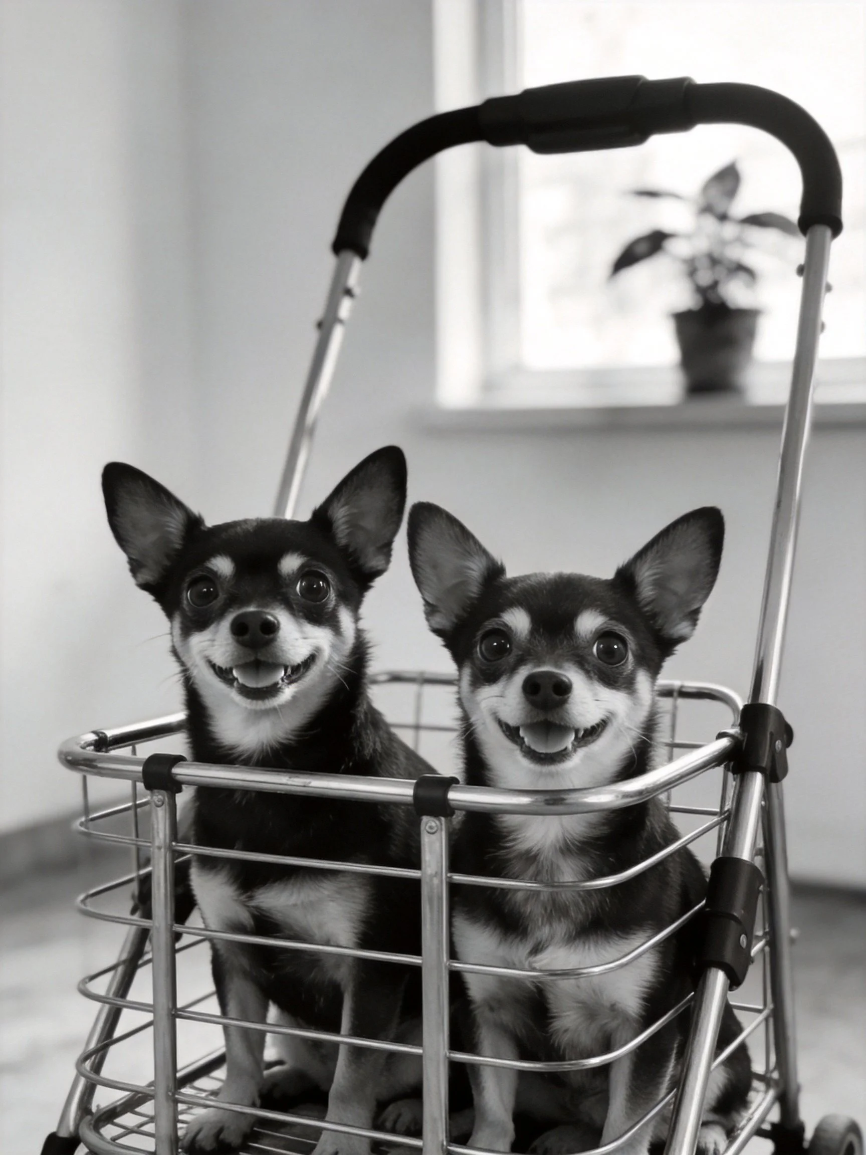 Two small dogs sit together in a metal shopping cart.