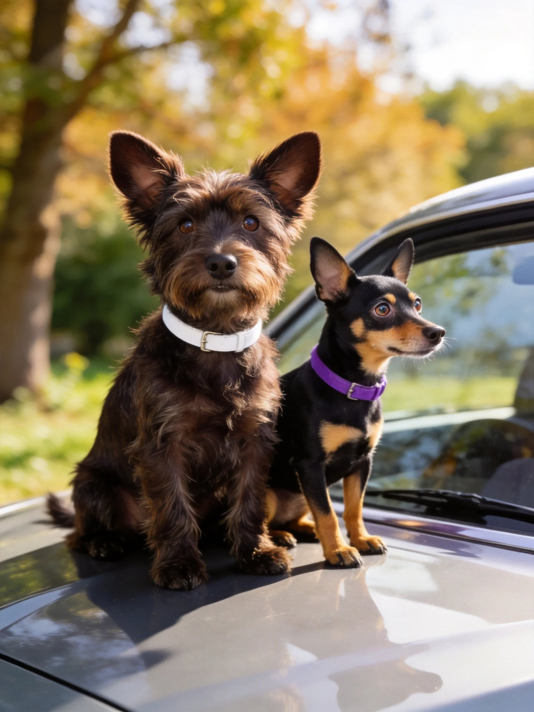 Two small dogs sit on a car hood in bright sunlight