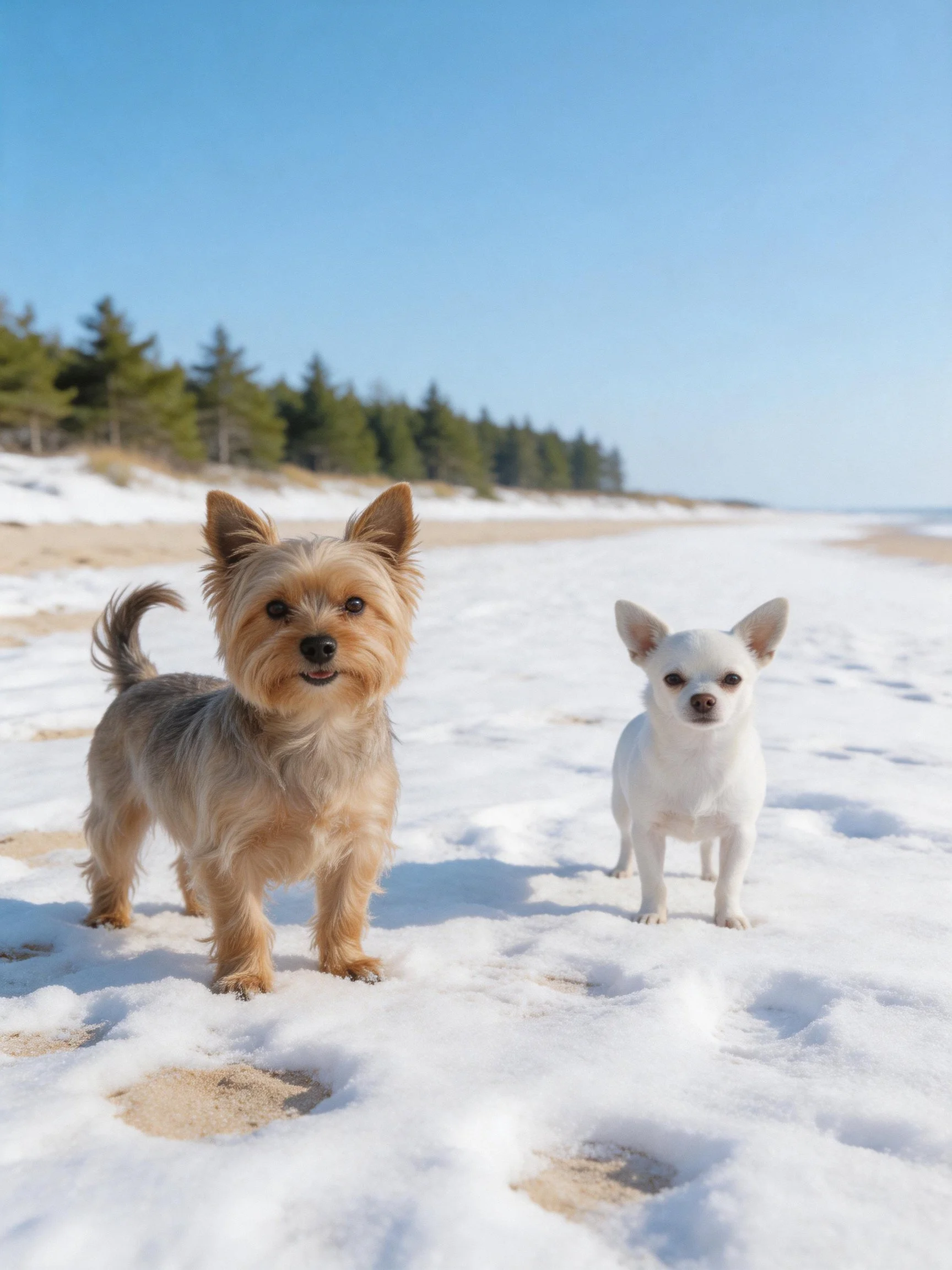 Two small dogs stand on a snowy beach with trees in the background.