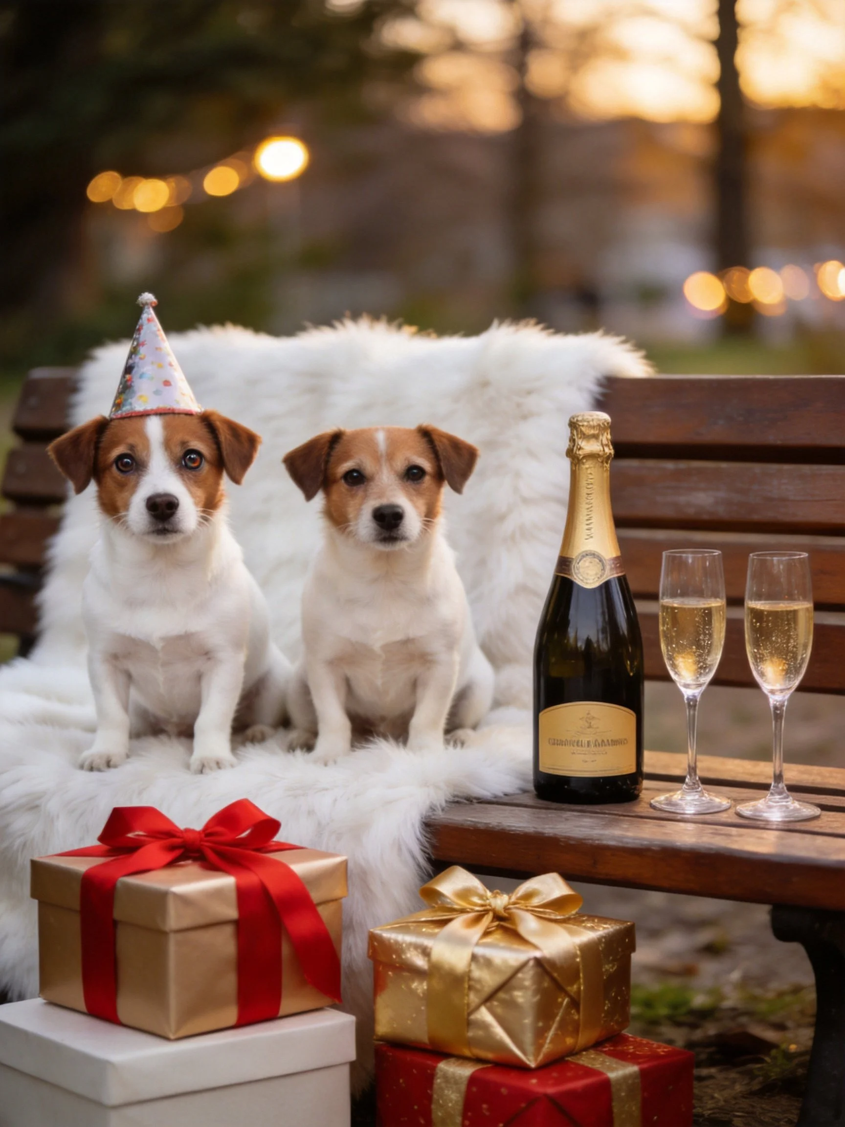 Two dogs celebrate with gifts and champagne on a bench
