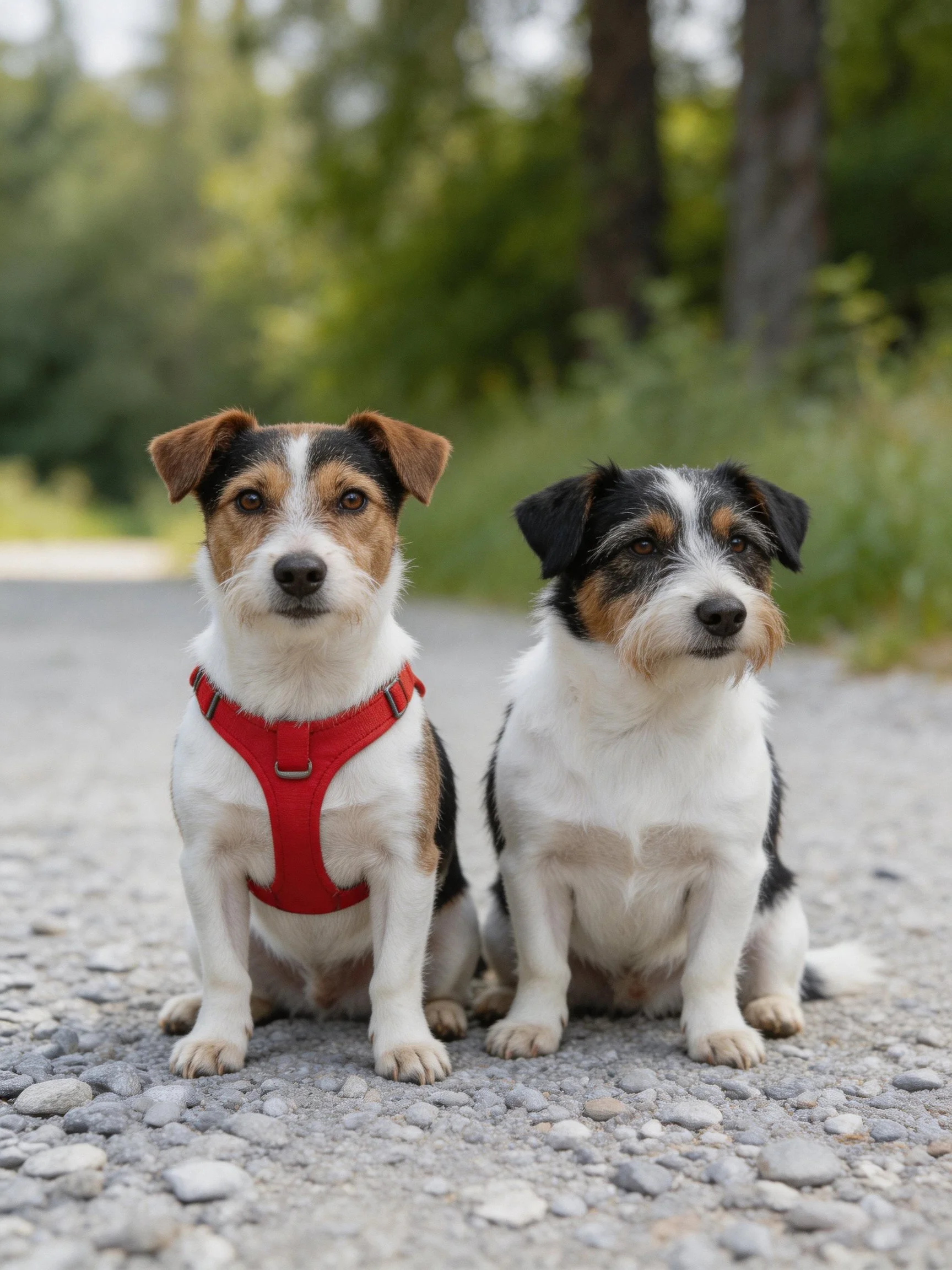 Two small dogs sit together on an outdoor gravel path