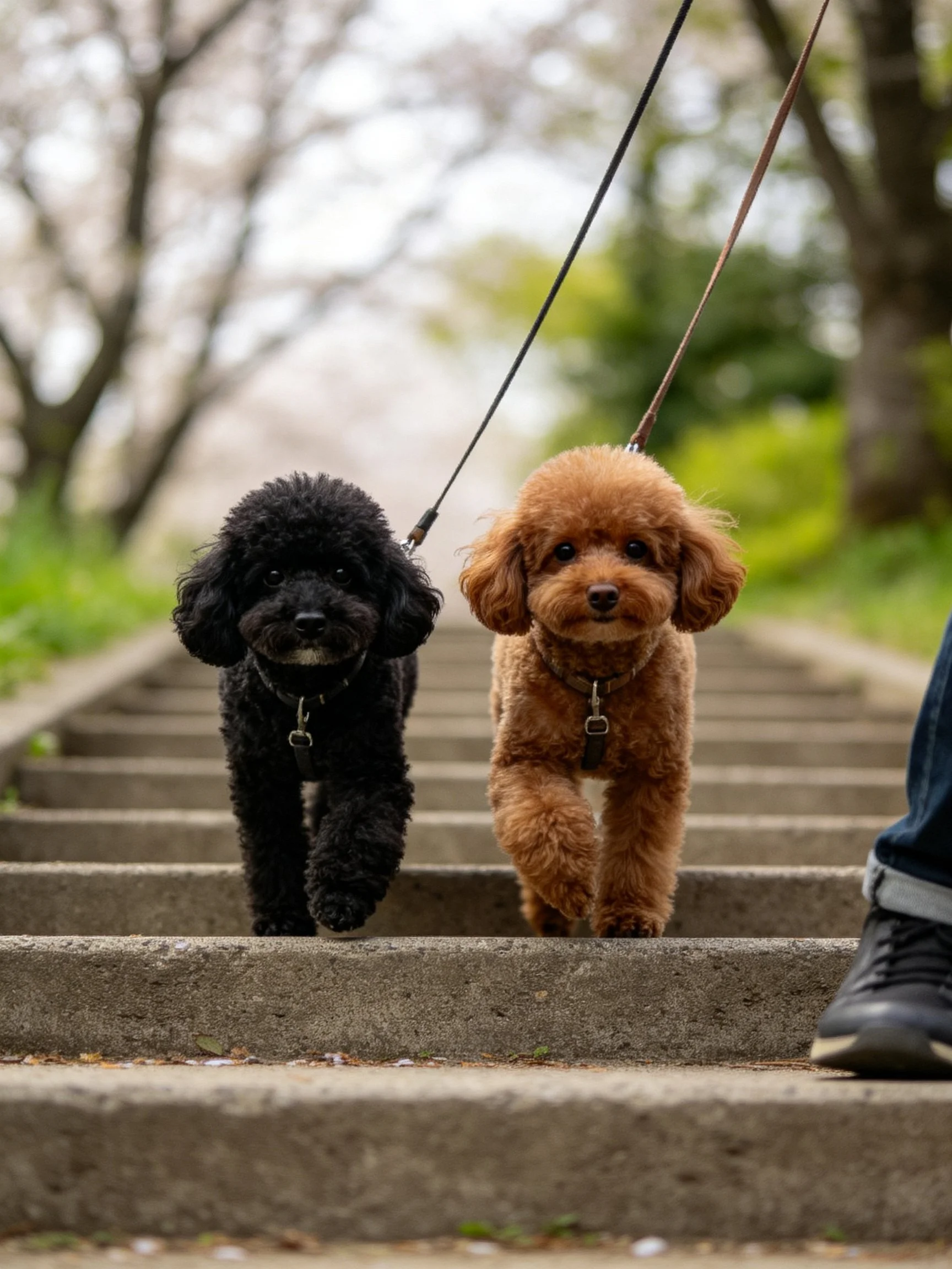 Two small poodles walk together up outdoor concrete steps