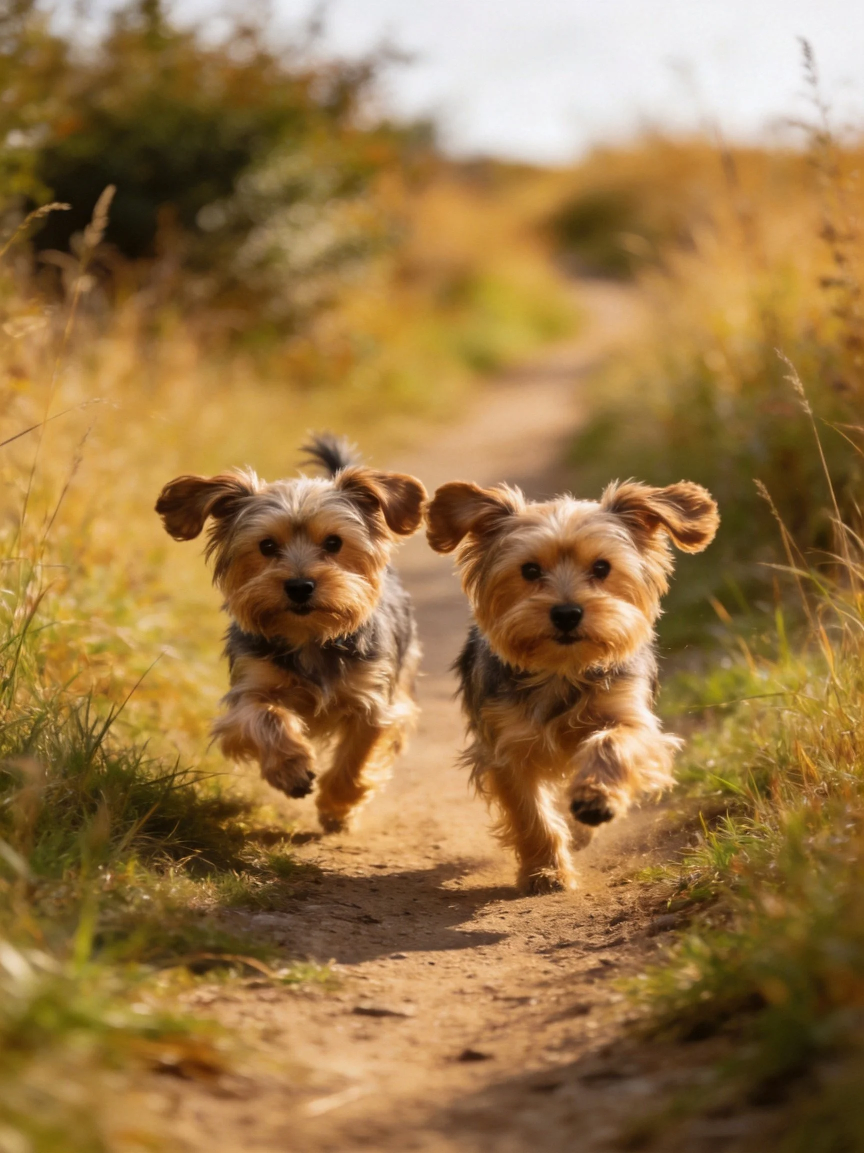 Two small terrier dogs sprint toward the camera on a sunlit dirt path.