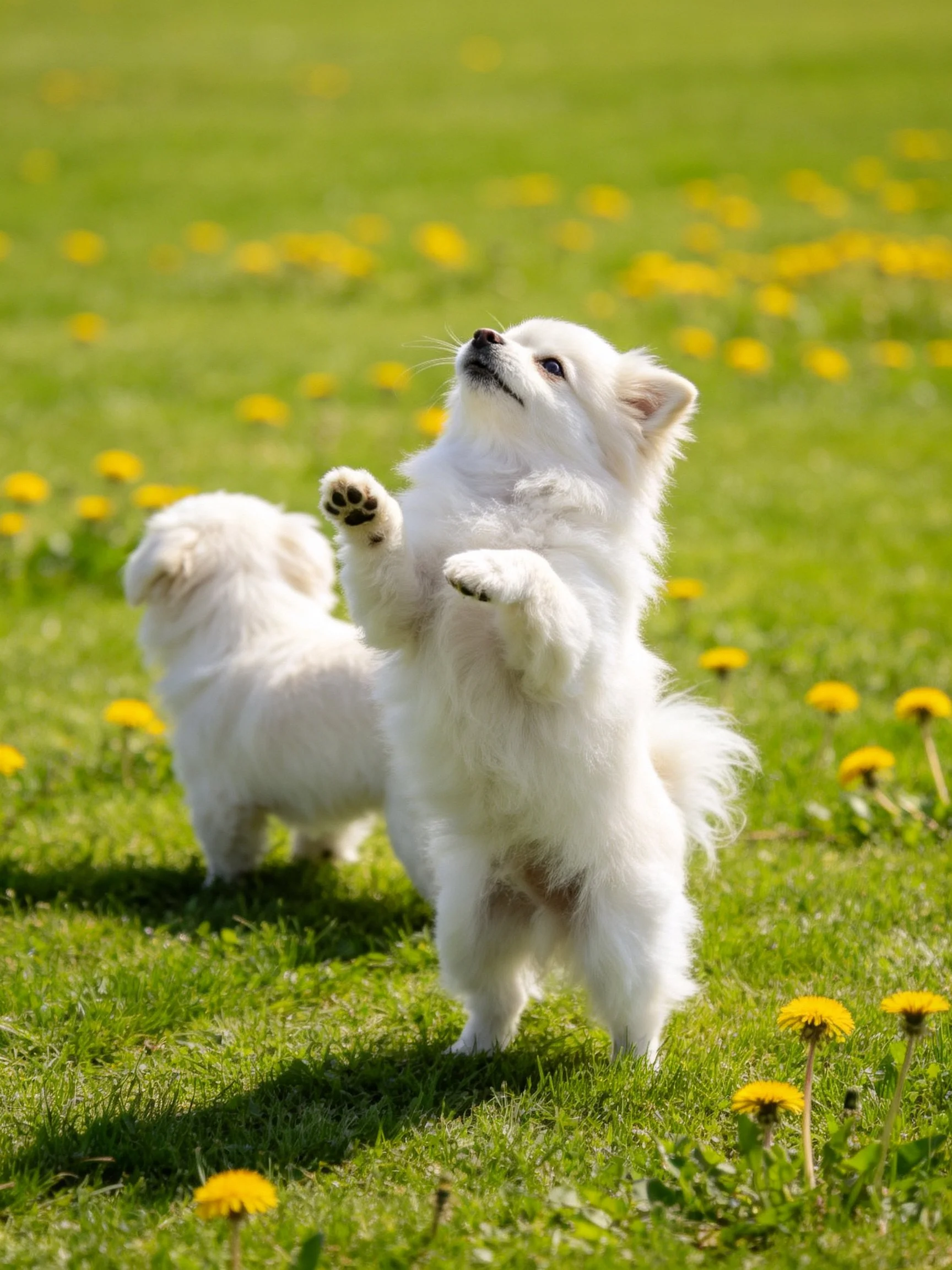 Two small white dogs interact in a sunny dandelion meadow.