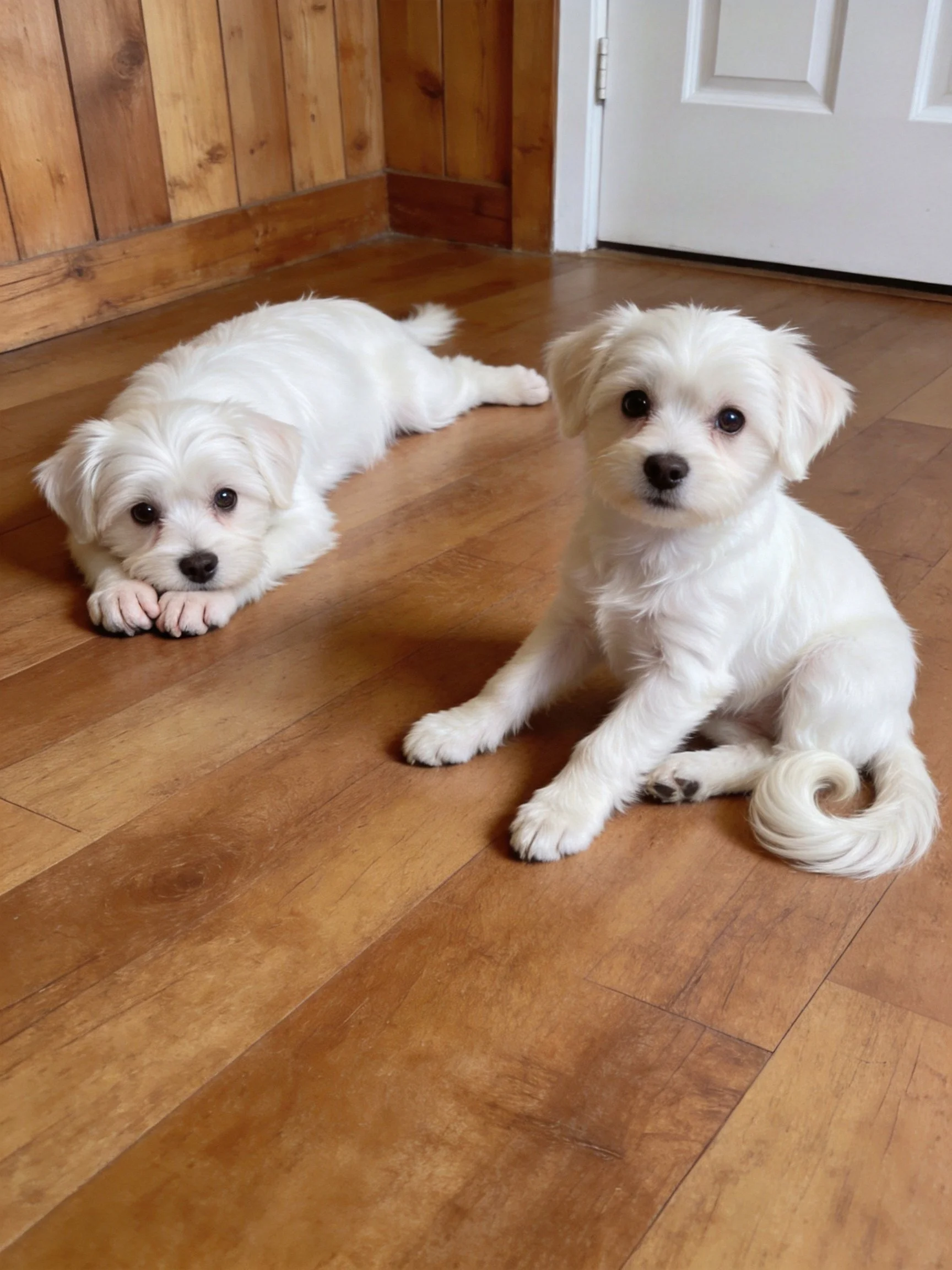 Two small white puppies rest on a wooden floor indoors.