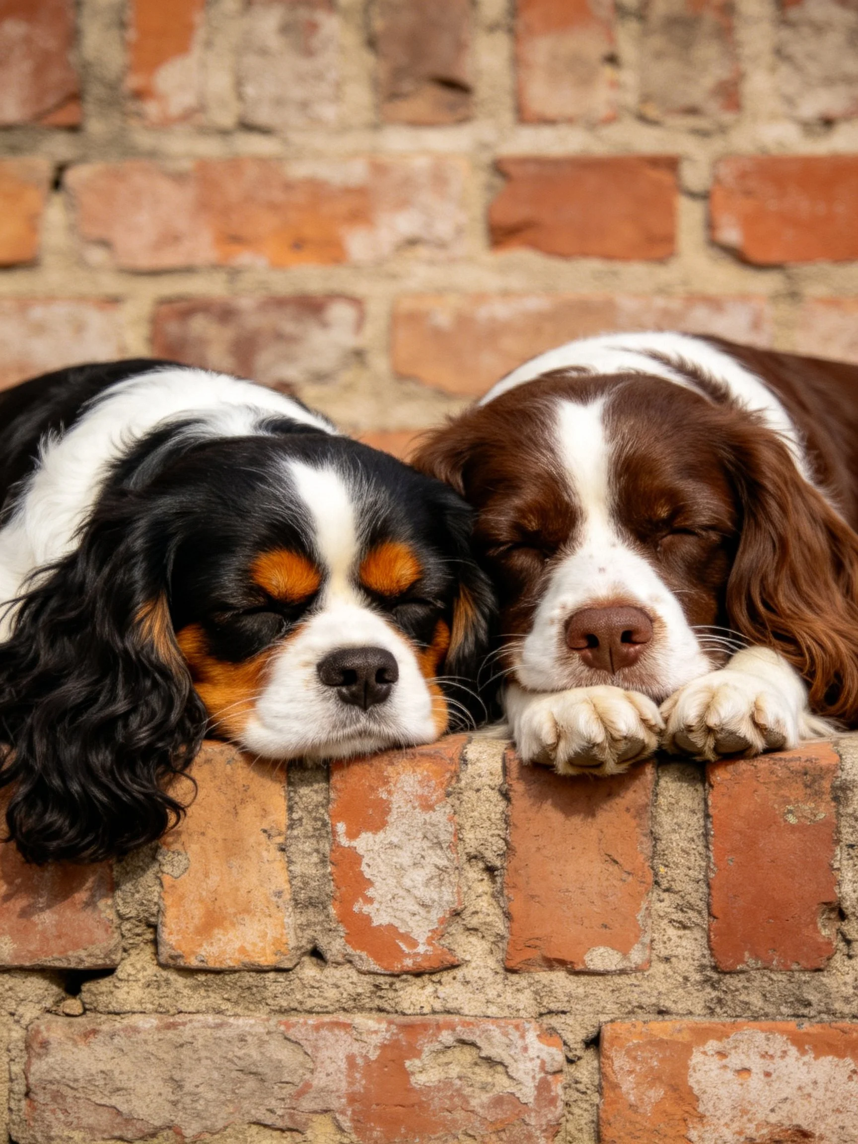 Two spaniel-type dogs rest side by side on a weathered brick ledge