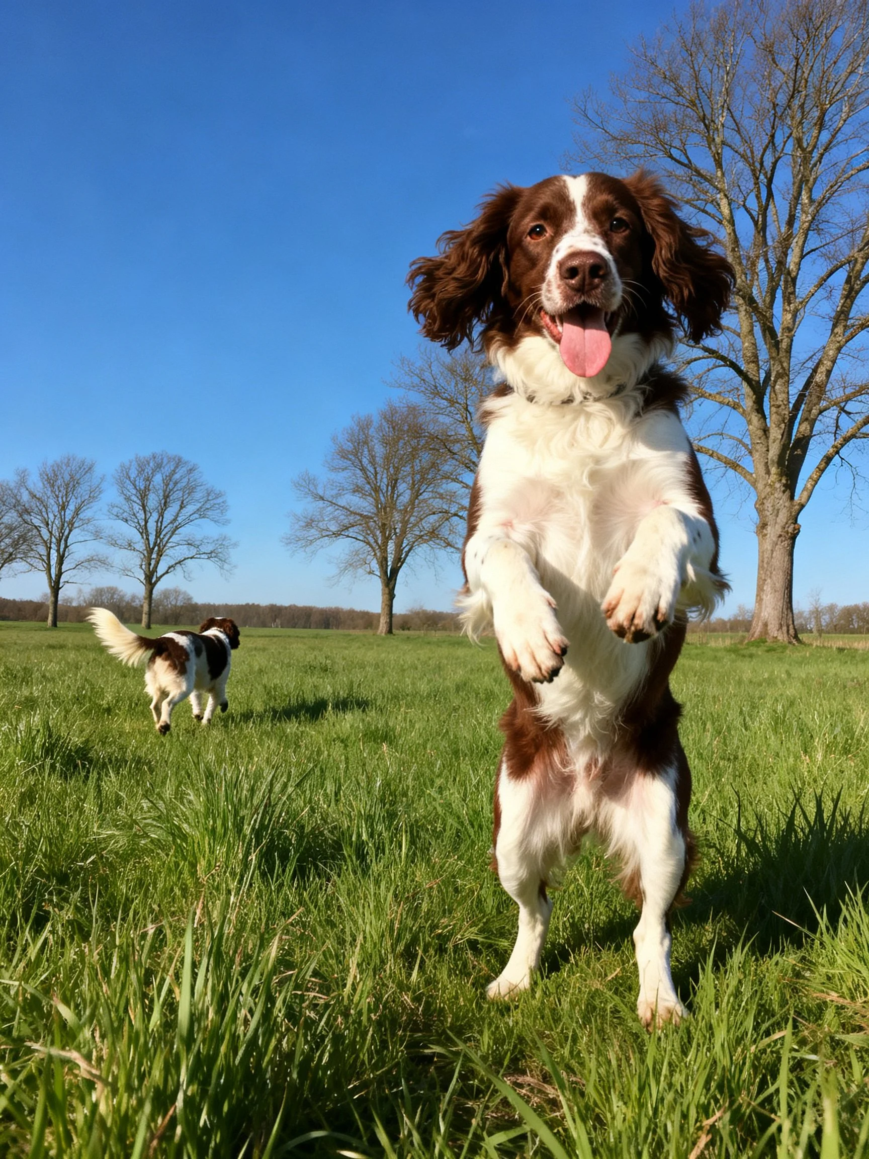 Two spaniels play in a sunny green meadow near bare trees