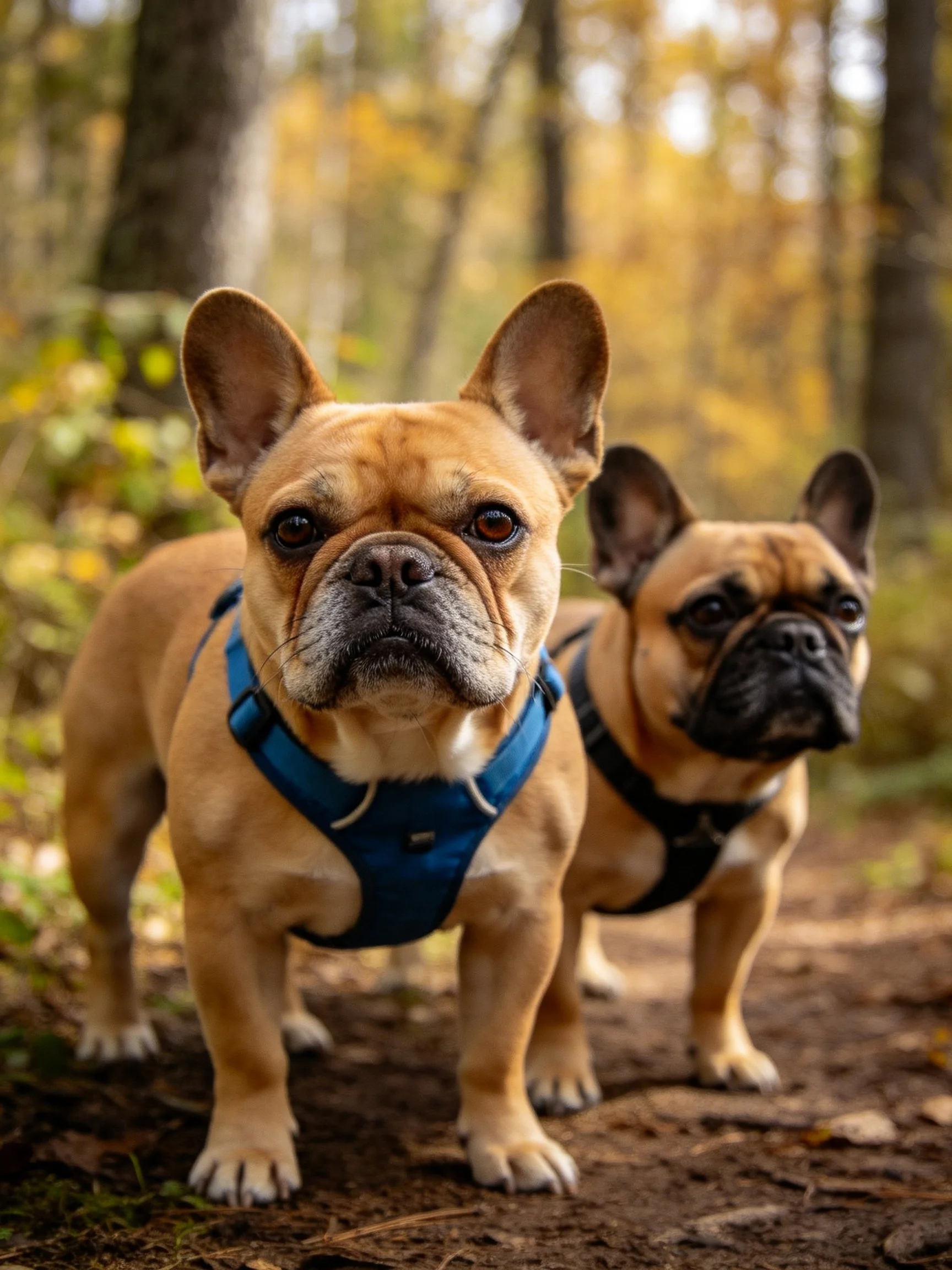 Two tan French Bulldogs stand together in a wooded area.