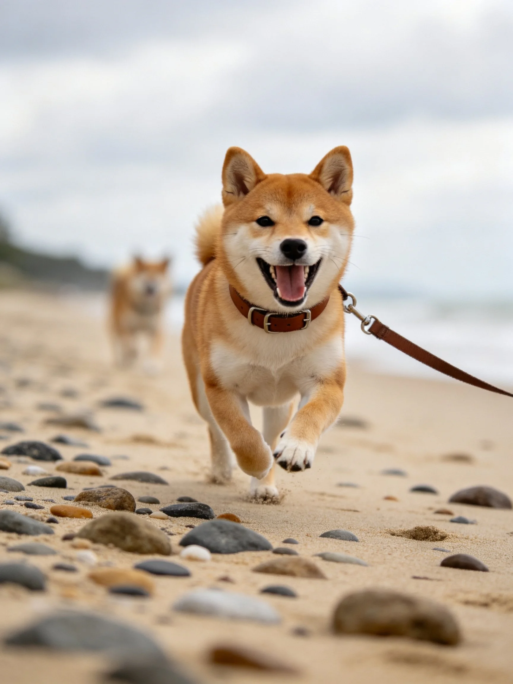 Two tan Shiba Inus joyfully run along a rocky sandy beach