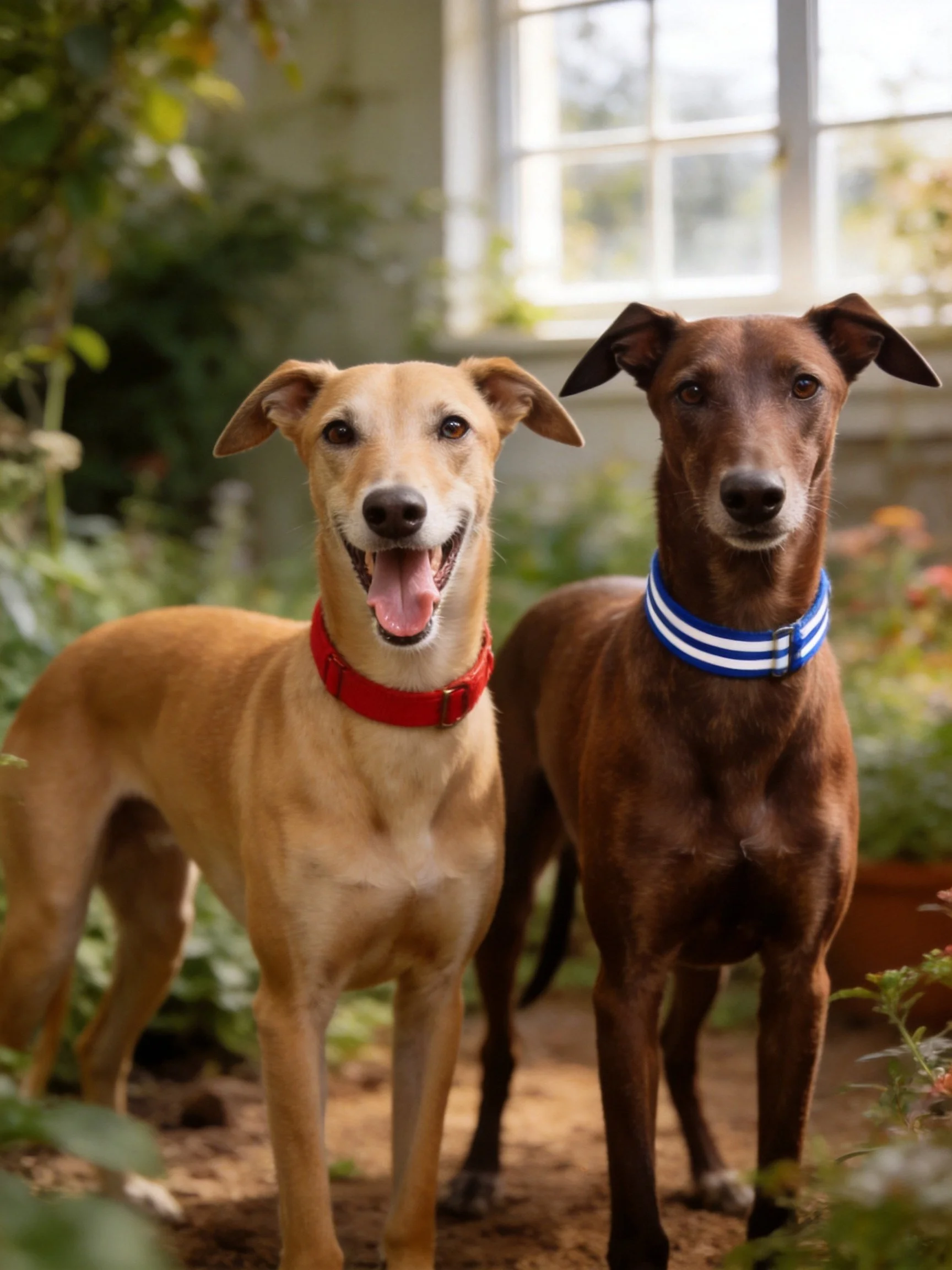 Two tan and brown dogs stand together in a garden with greenery and a window.
